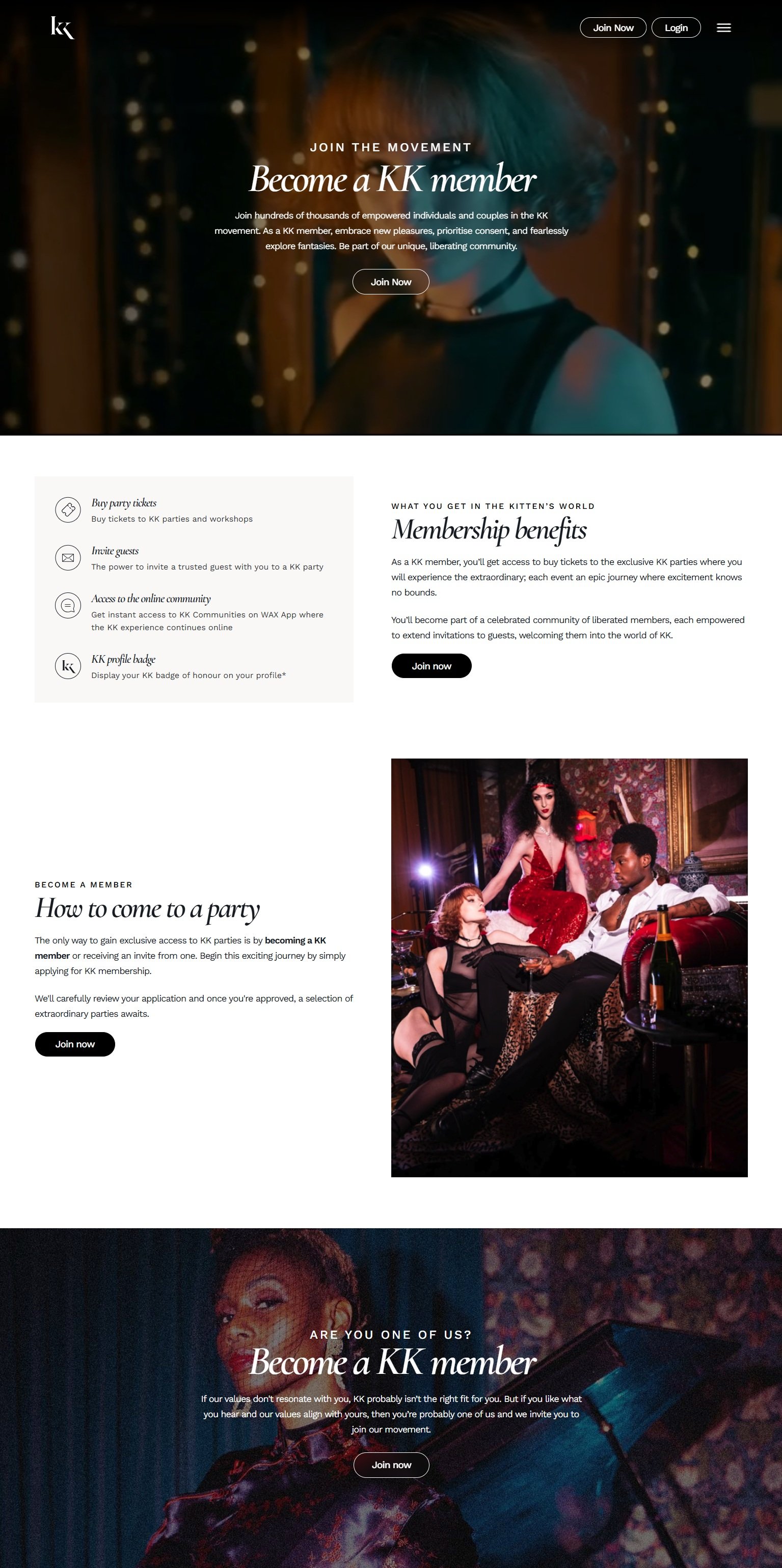 Webpage promoting becoming a KK (Kink/Kinky) member, featuring sections on membership benefits, how to come to a party, and a call to join the movement, with images of people in fashionable attire and nightlife scenes.