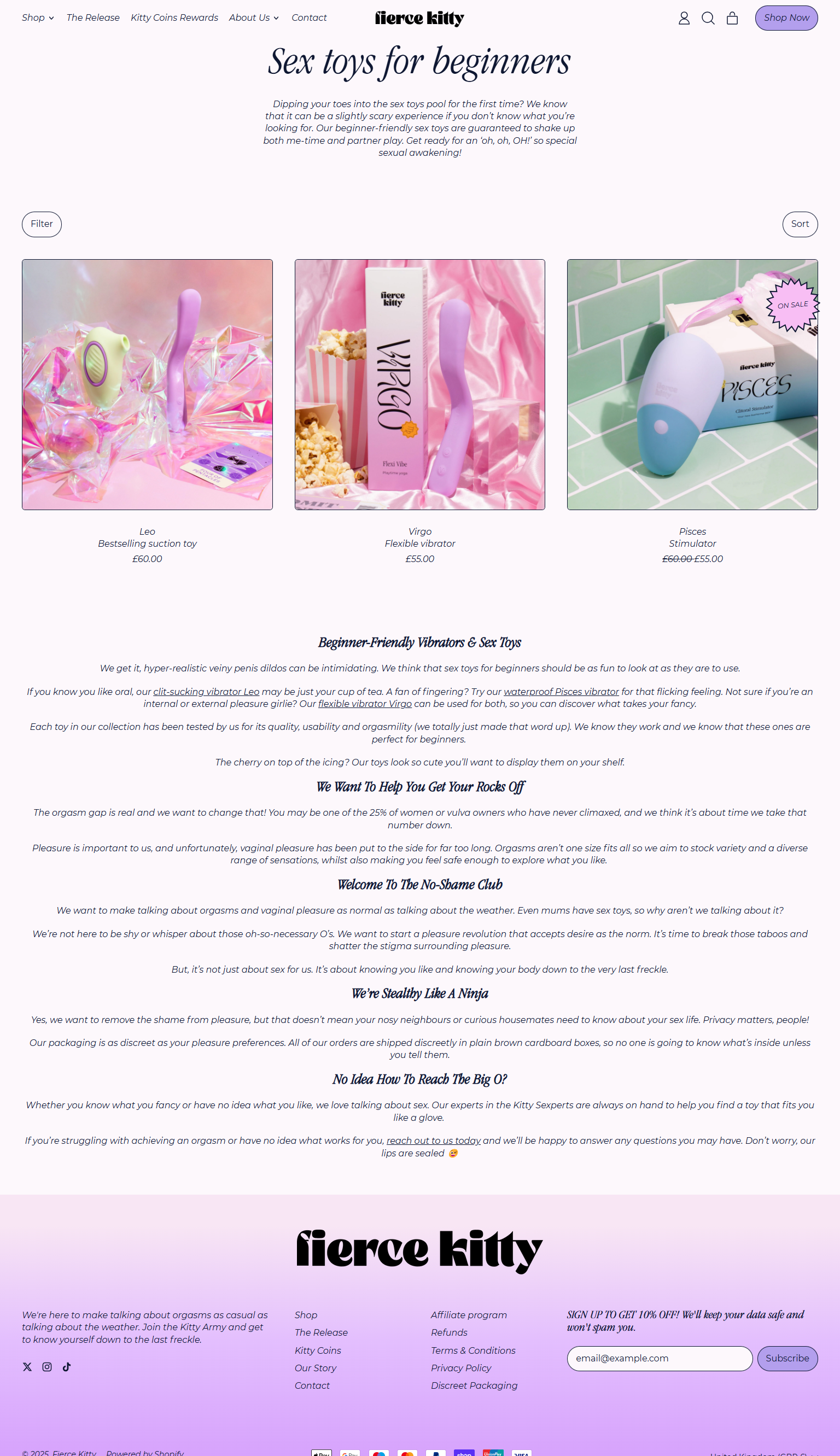 A website selling sex toys for beginners, featuring three products: Leo, a best-selling suction toy; Virgo, a flexible vibrator; and Pisces, a stimulator, displayed with colorful backgrounds and packaging.