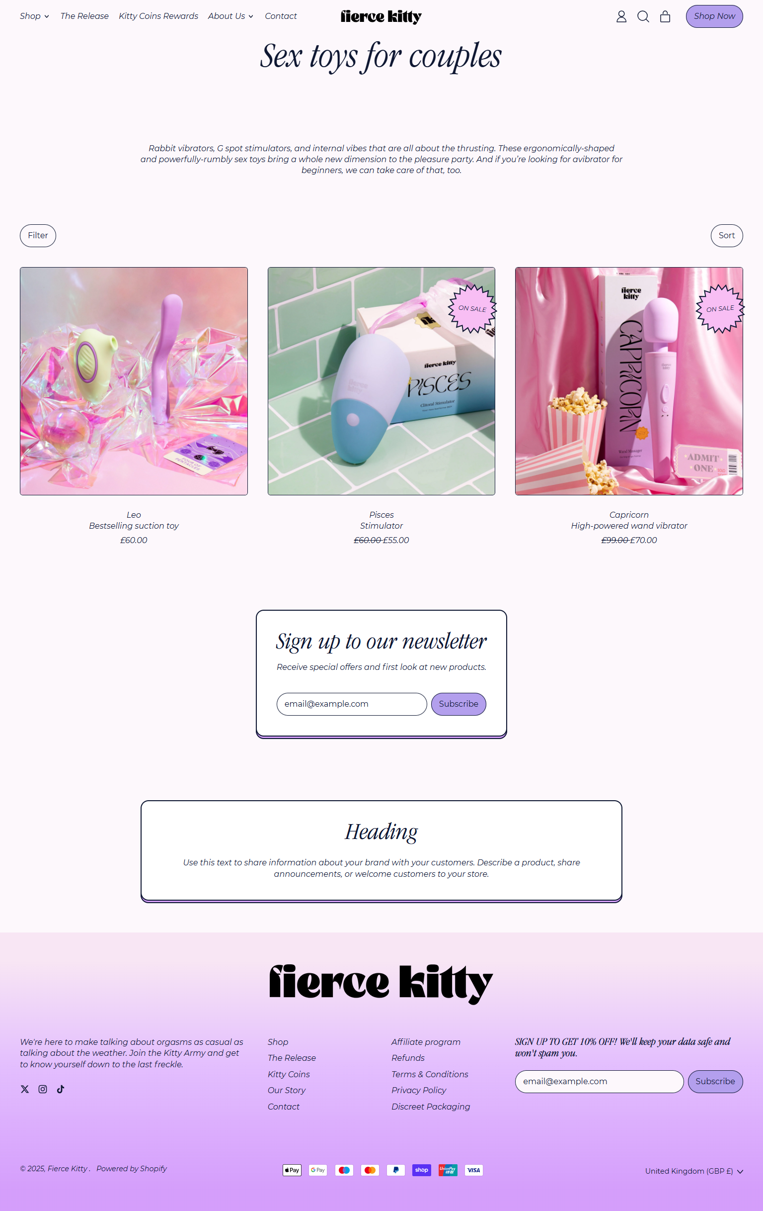 Product webpage showcasing three sex toys for couples, called 'fierce kitty.' The first toy is a neon green and purple suction toy labeled 'Leo.' The second is a white and blue stimulator labeled 'Pisces.' The third is a pink wand vibrator labeled 'C