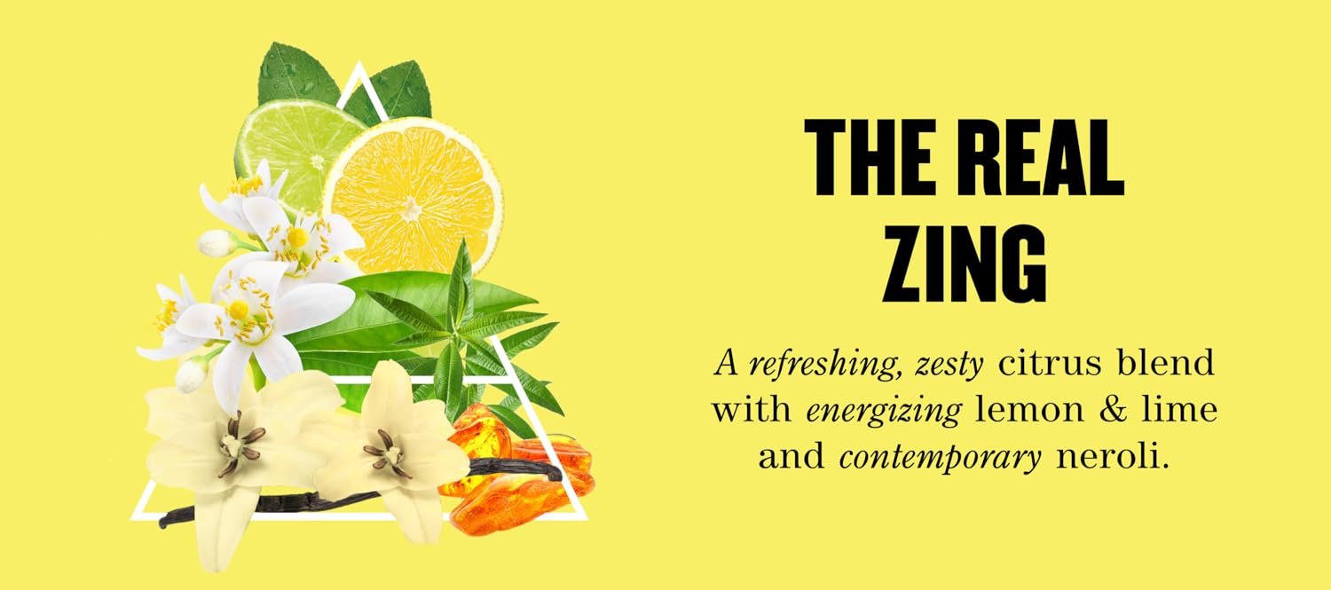 Image of citrus fruits, flowers, and herbs with text describing a citrus blend called The Real Zing.