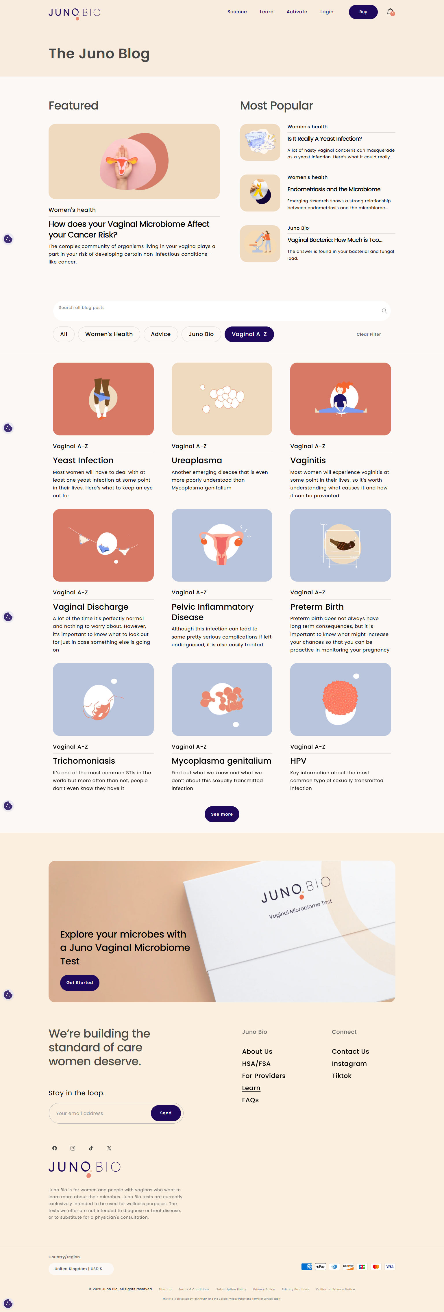 Screenshot of the Juno Bio blog webpage about women's health and vaginal microbiome topics, including illustrations of female reproductive organs and microbiome-related icons.