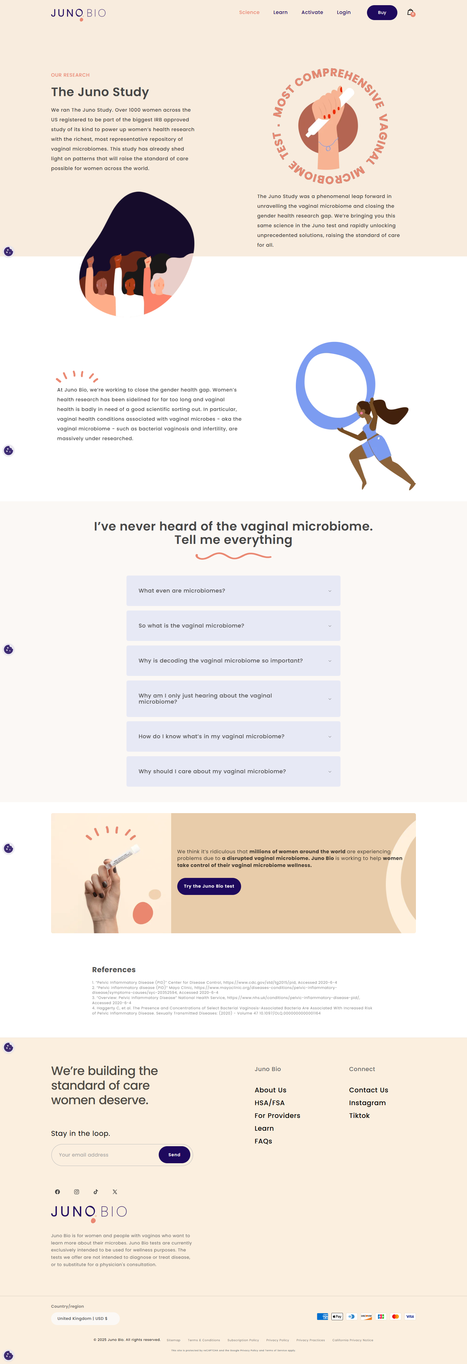 Webpage titled 'The Juno Study' with illustrations of diverse women, a magnifying glass, and a hand holding a test tube, focused on vaginal microbiome research.