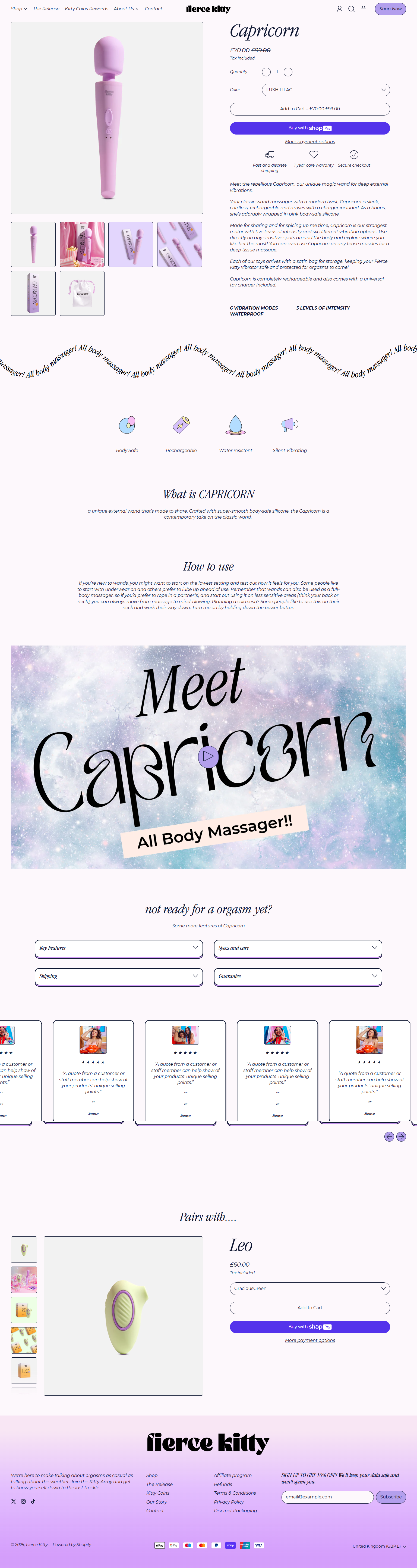 Screenshot of a website featuring Fierce Kitty's Capricorn all-body massager, a pink handheld device. The page includes product details, usage instructions, and related products like the Leo massager, with a pastel galaxy background and playful typog