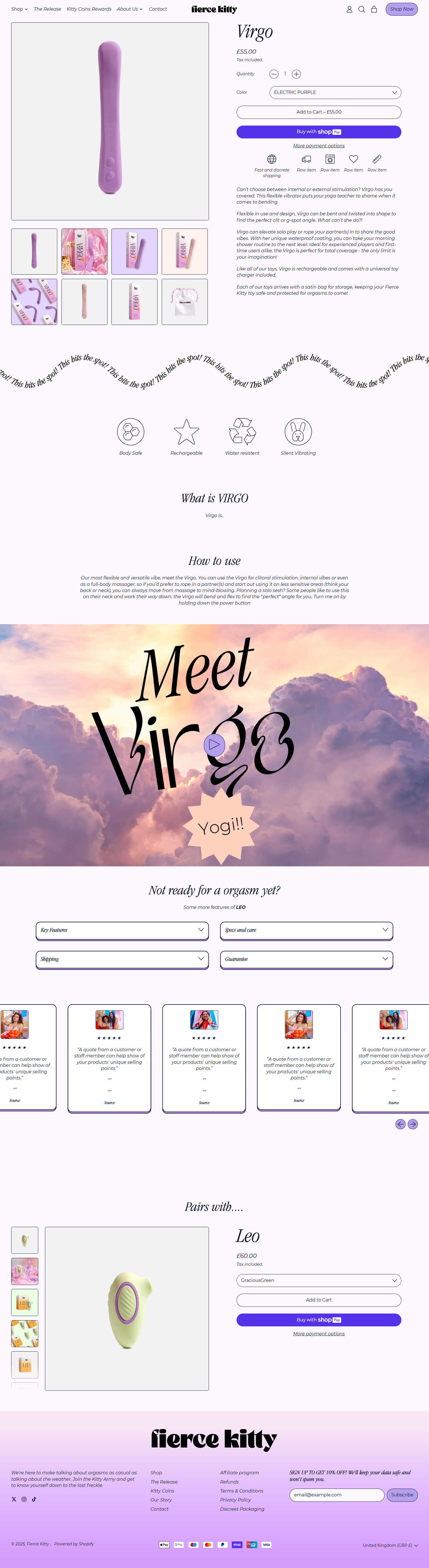 Online store webpage displaying a purple vibrator named Virgo, with product descriptions, images, and a section for reviews. The store also features a second product named Leo, shown as a beige device with purple accents. The page has a colorful back