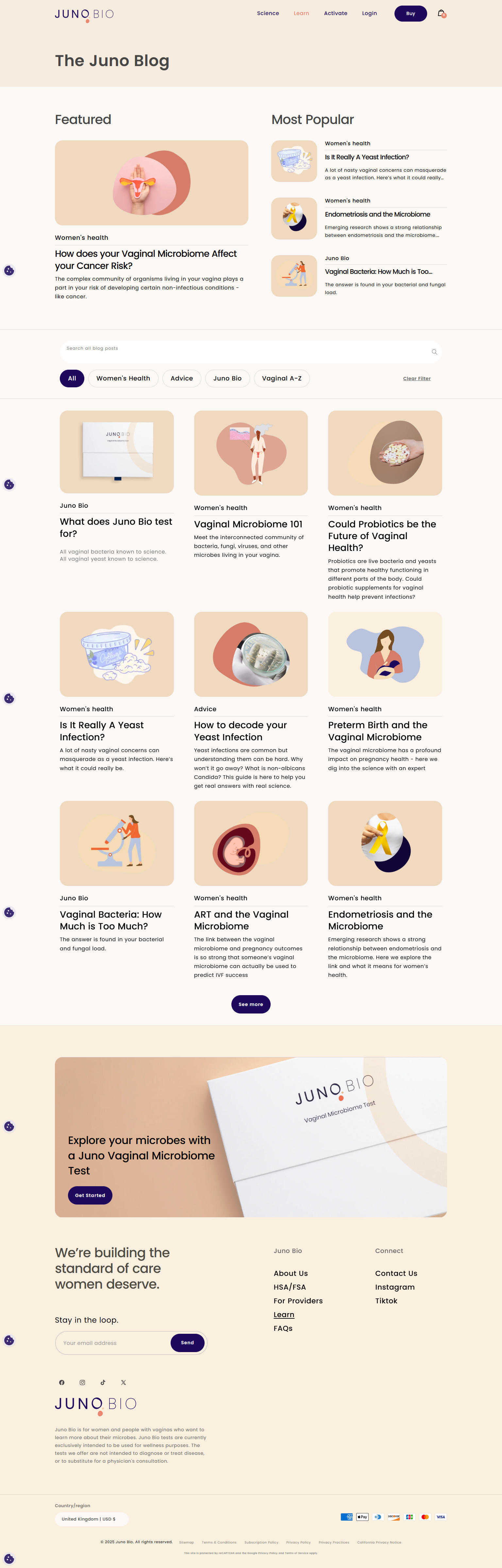 Screenshot of Juno Bio blog homepage with articles about women's health, vaginal microbiome, and yeast infections, featuring illustrations and an email subscription form.
