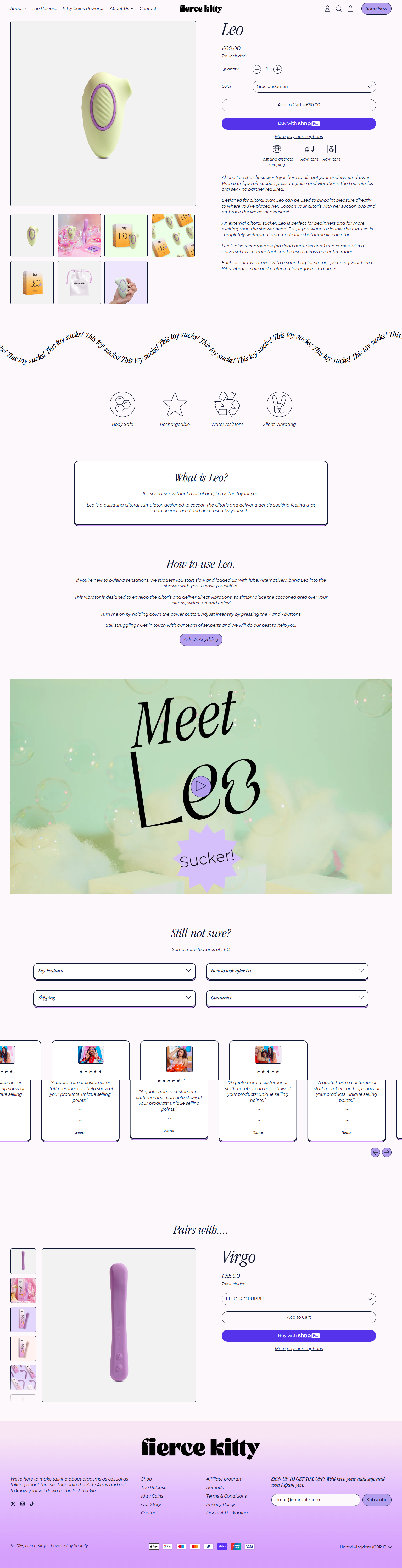 Product webpage for a vibrator called Leo, showing images of the product and options to customize and purchase, with a colorful background and section about the product.
