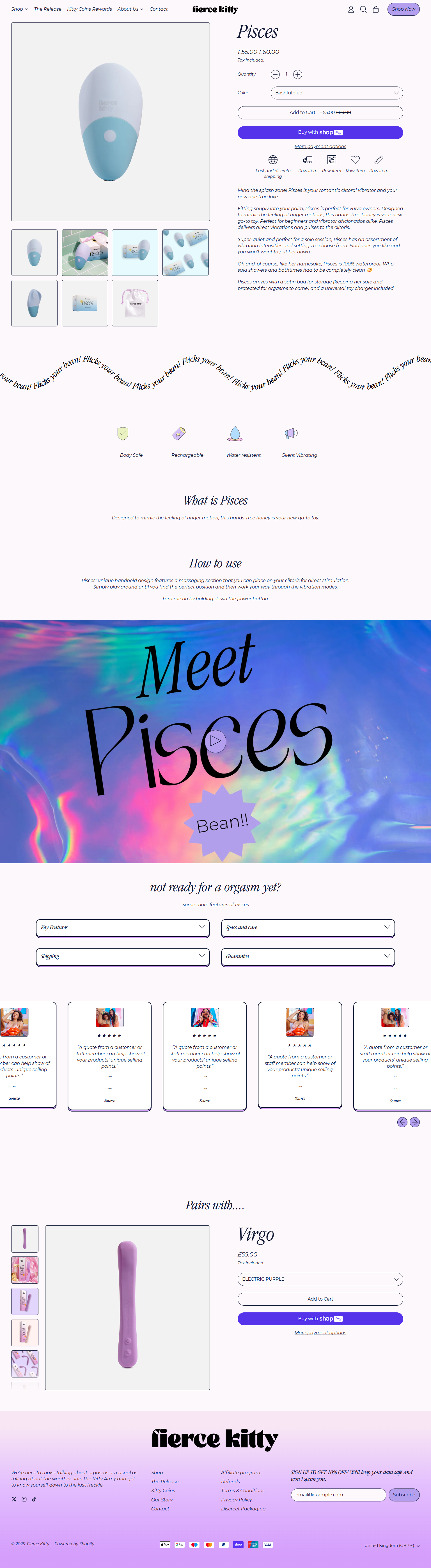A website page featuring a product called Pisces, a personal vibrating device, with sections for product details, usage instructions, user reviews, and pairing options with other products, including an electric purple vibrator named Virgo.