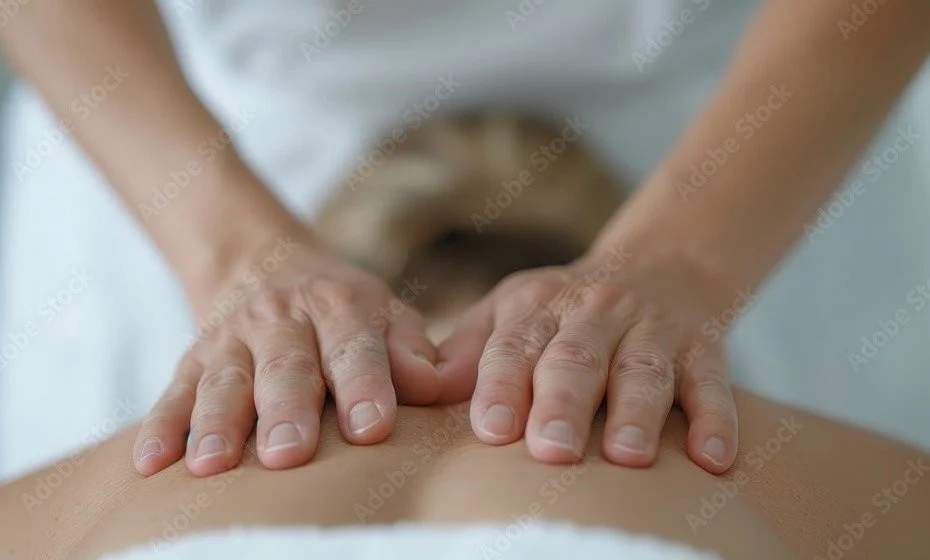 Detailansicht von Händen, die den Rücken einer Person massieren. Die Hände liegen flach auf dem oberen Rücken der Person, die auf einem Handtuch liegt. Die Finger sind leicht gespreizt.