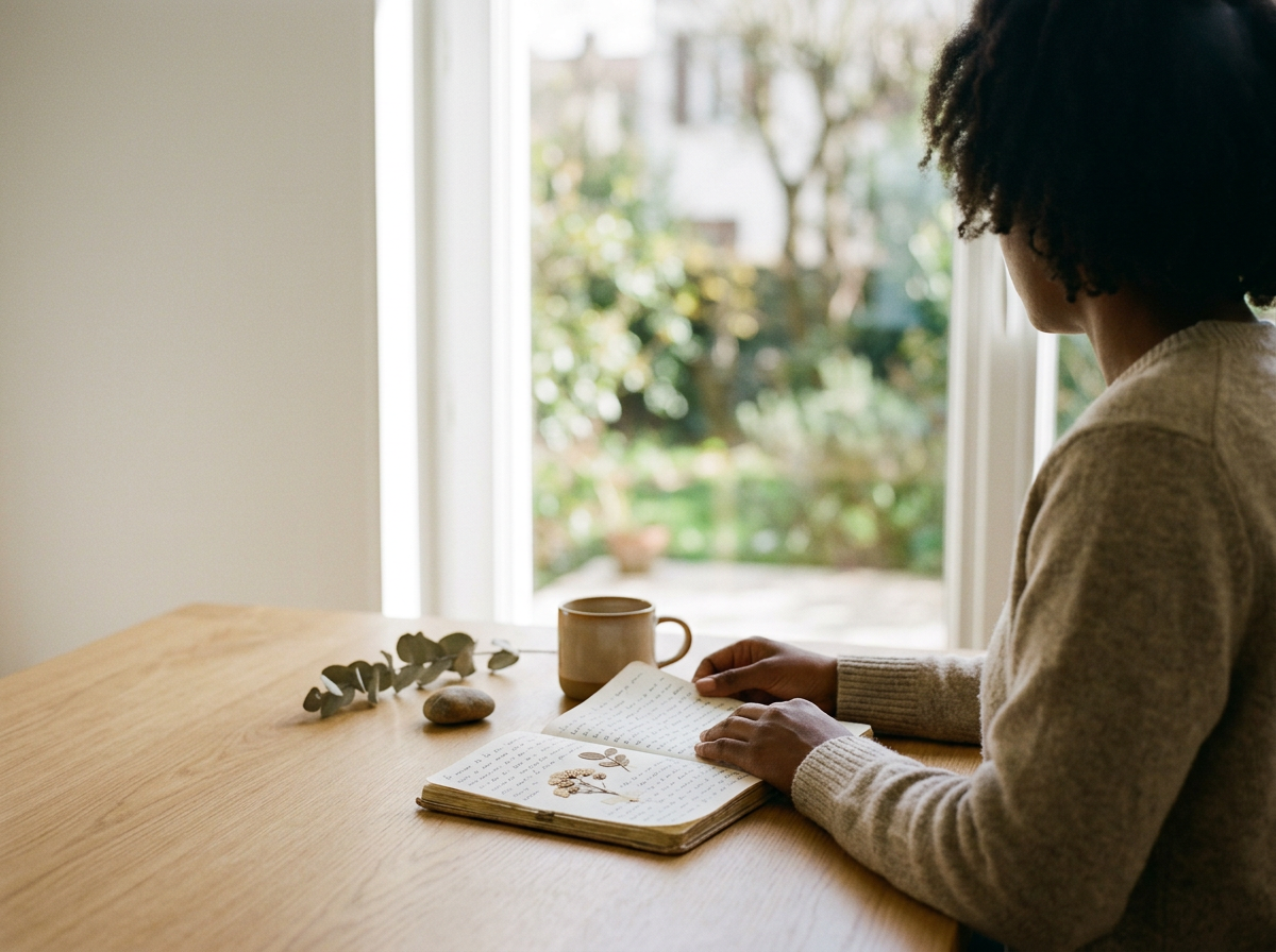 Une femme assise à une table en bois, lisant un livre avec une illustration de plantes, près d'une fenêtre laissant entrer la lumière naturelle, avec une tasse, une pierre, et une branche de feuillage sur la table.