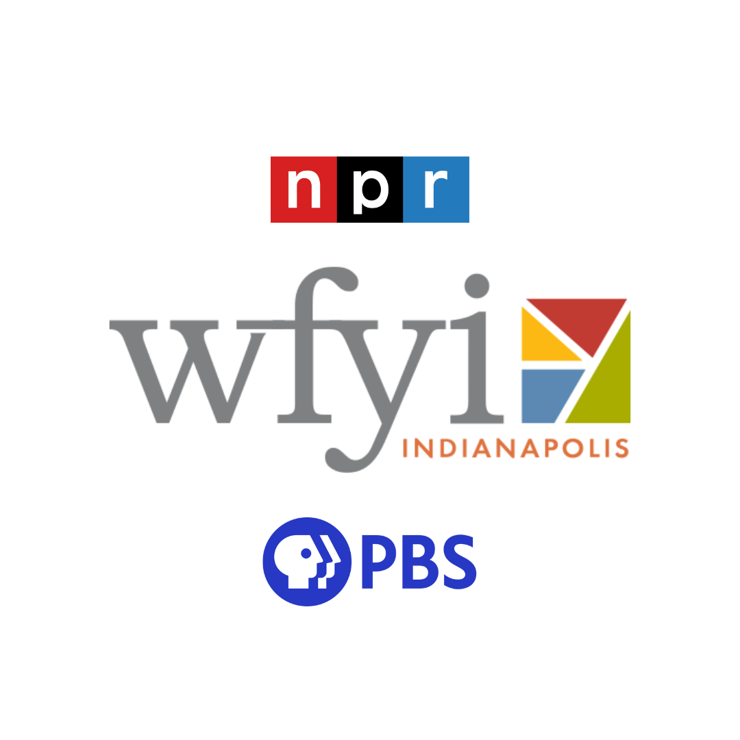 Logos of NPR, WFYI Indianapolis, and PBS. NPR logo has red, white, and blue blocks with lowercase letters. WFYI Indianapolis logo features colorful geometric shapes and text in orange. PBS logo has a white and blue stylized face silhouette with blue letters.
