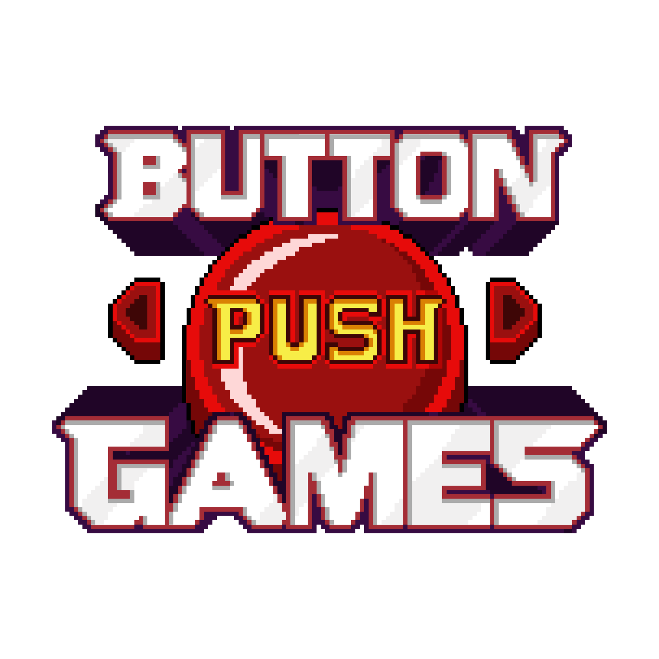 Pixel art style video game screen with a large red button labeled 'PUSH' in the center. Above and below, white text with dark outlines says 'BUTTON' and 'GAMES'. Two small red arrows point towards the button on each side.