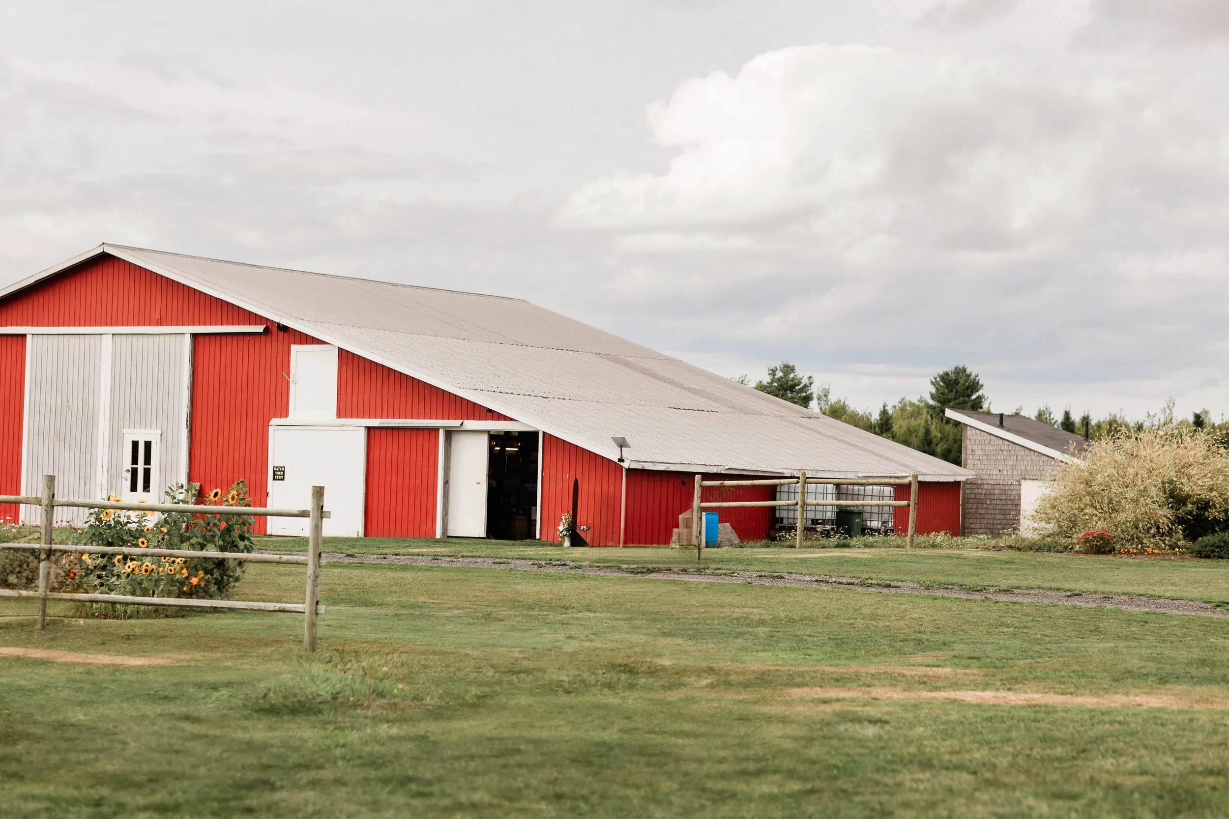 A red barn with a grey roof on a farm, surrounded by green grass and some bushes, with a cloudy sky overhead.