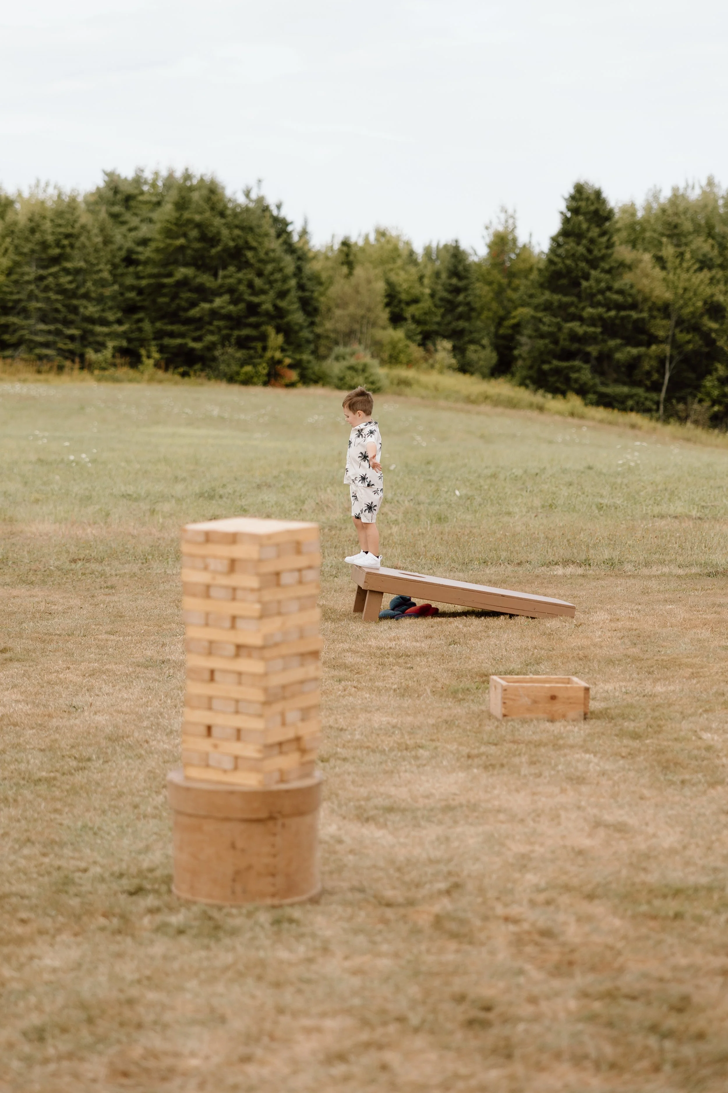 A young boy in a white shirt with black palm tree prints stands on a wooden ramp on a grassy field, with a stack of wooden blocks and a wooden box nearby, and trees in the background.