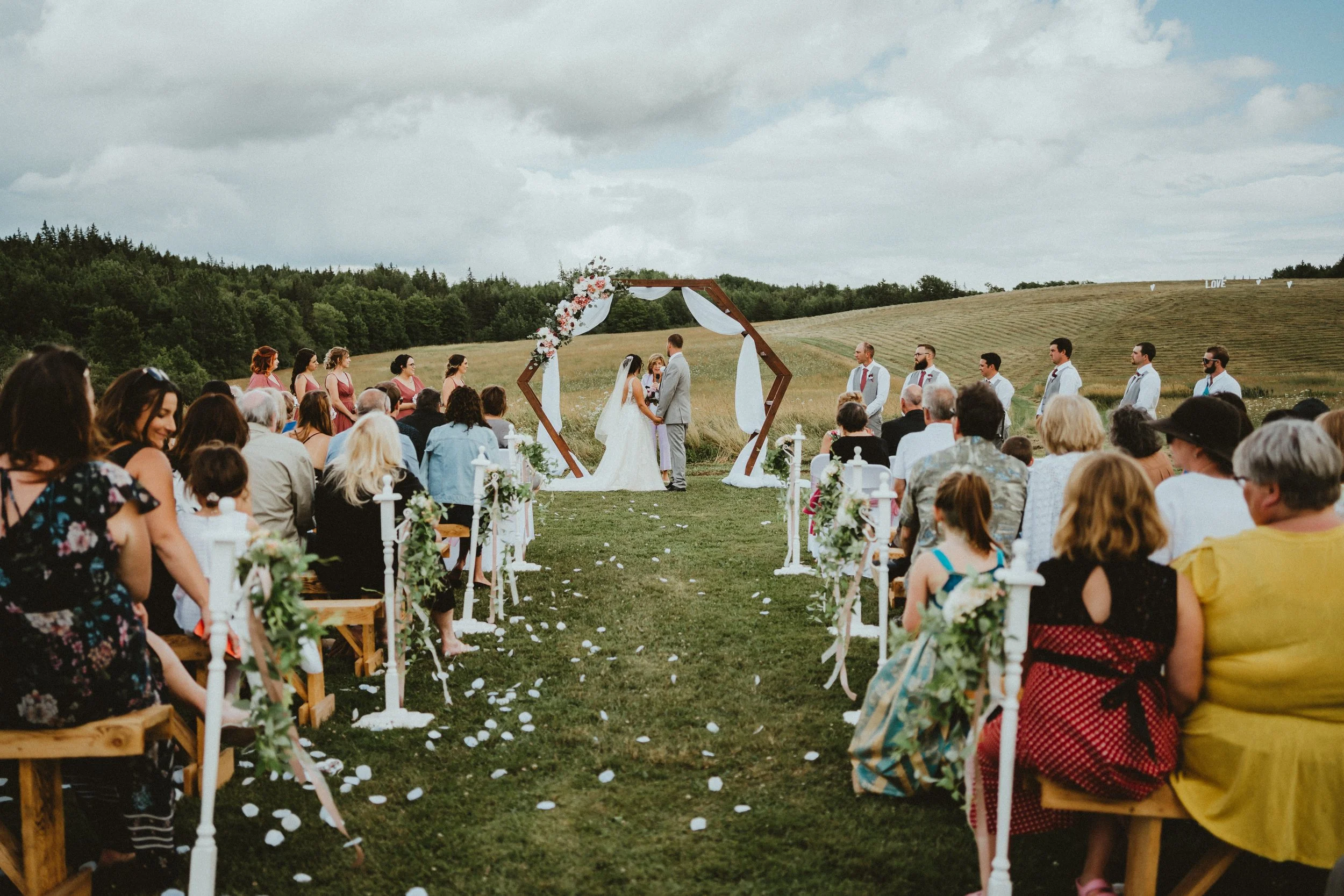 Outdoor wedding ceremony with bride and groom standing under a wooden hexagon arch decorated with white fabric and pink flowers, bridesmaids in pink dresses on the left, groomsmen in gray suits on the right, seated guests on wooden benches, grassy fi