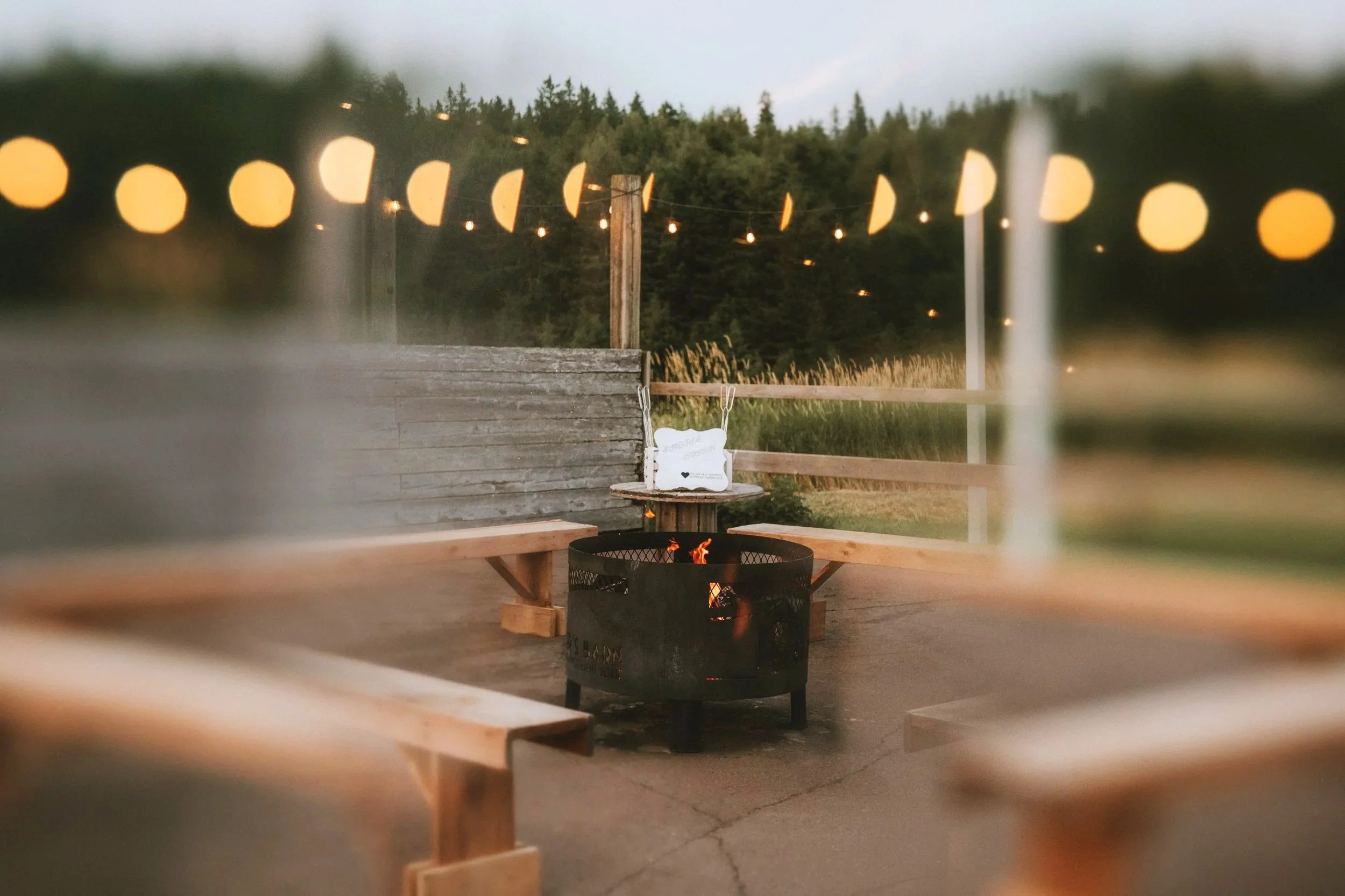 Outdoor seating area with string lights, a fire pit, and benches, set against a wooded landscape at dusk.