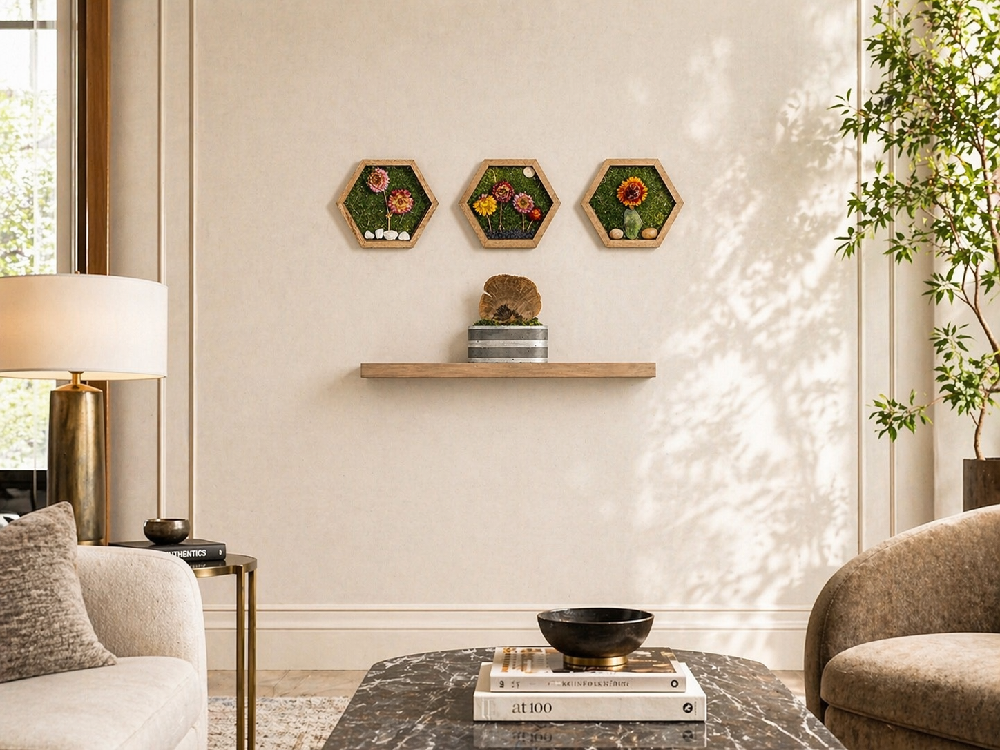 Living room with beige walls, decorated with hexagonal wall art with flowers, a floating shelf with a decorative object, a marble coffee table with books and a black bowl, beige and brown upholstered furniture, a table lamp, and a large potted plant 