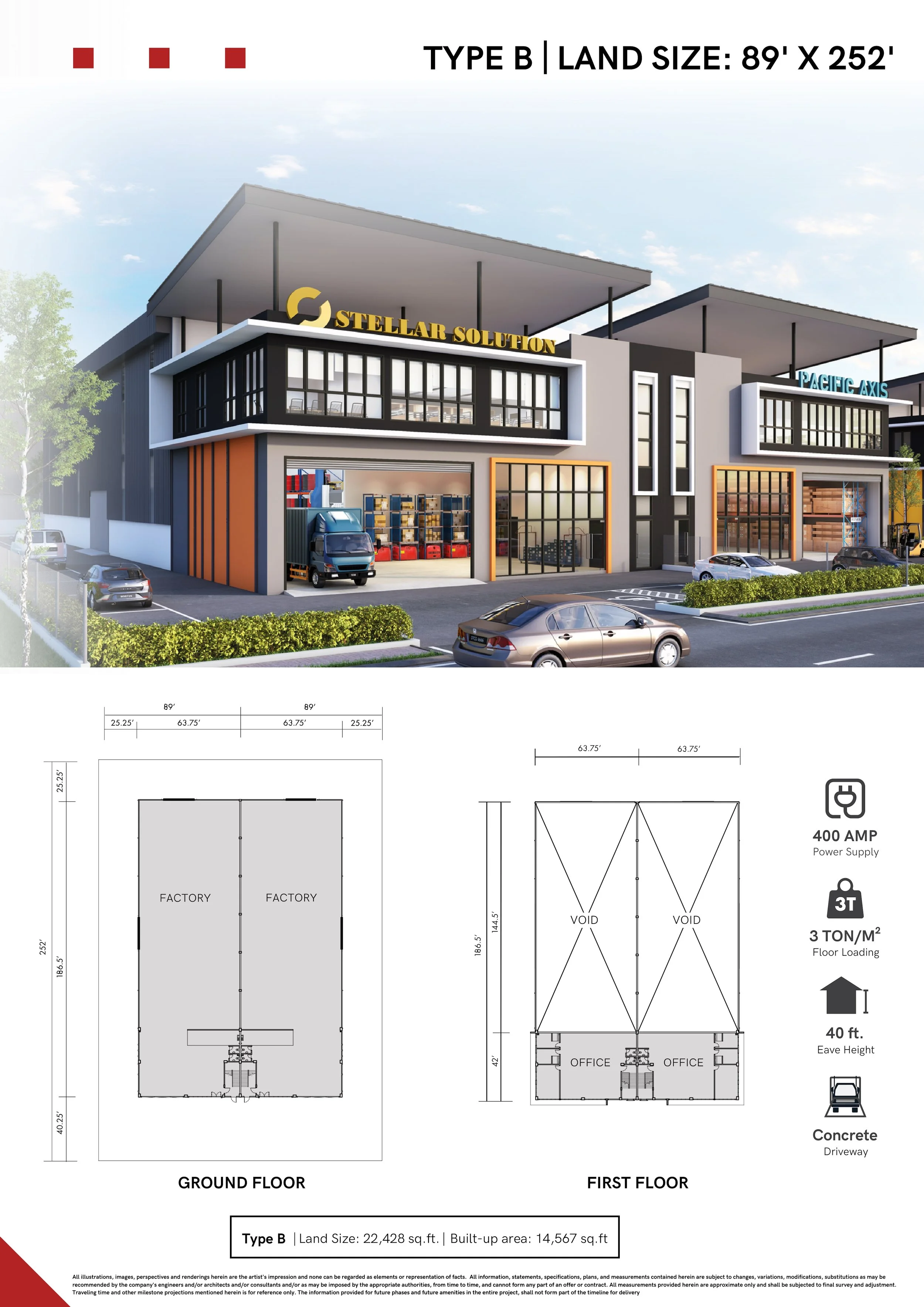 Rendering of a modern commercial building with two stories, labeled 'Stellar Solution' on the upper level, and manufacturing space on the ground floor. The building features large glass windows, a parking lot with cars, and clear exterior design plans.