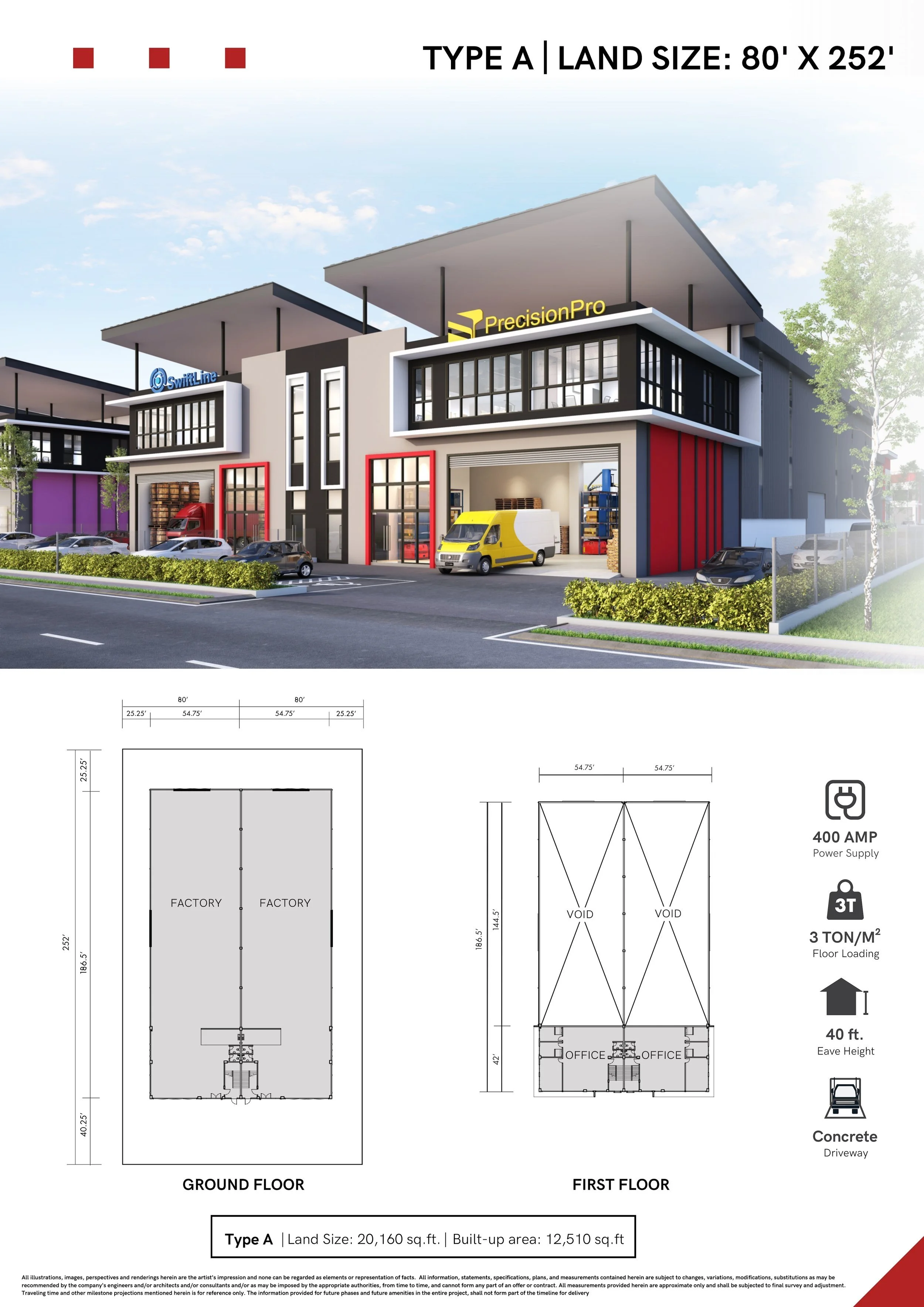 Rendering of a modern two-story warehouse and office building with parking, driveways, and landscaping. The building has a gray and white facade with red accents, large glass windows, and two logos on the upper level, including PrecisionPro and SwifLine.
