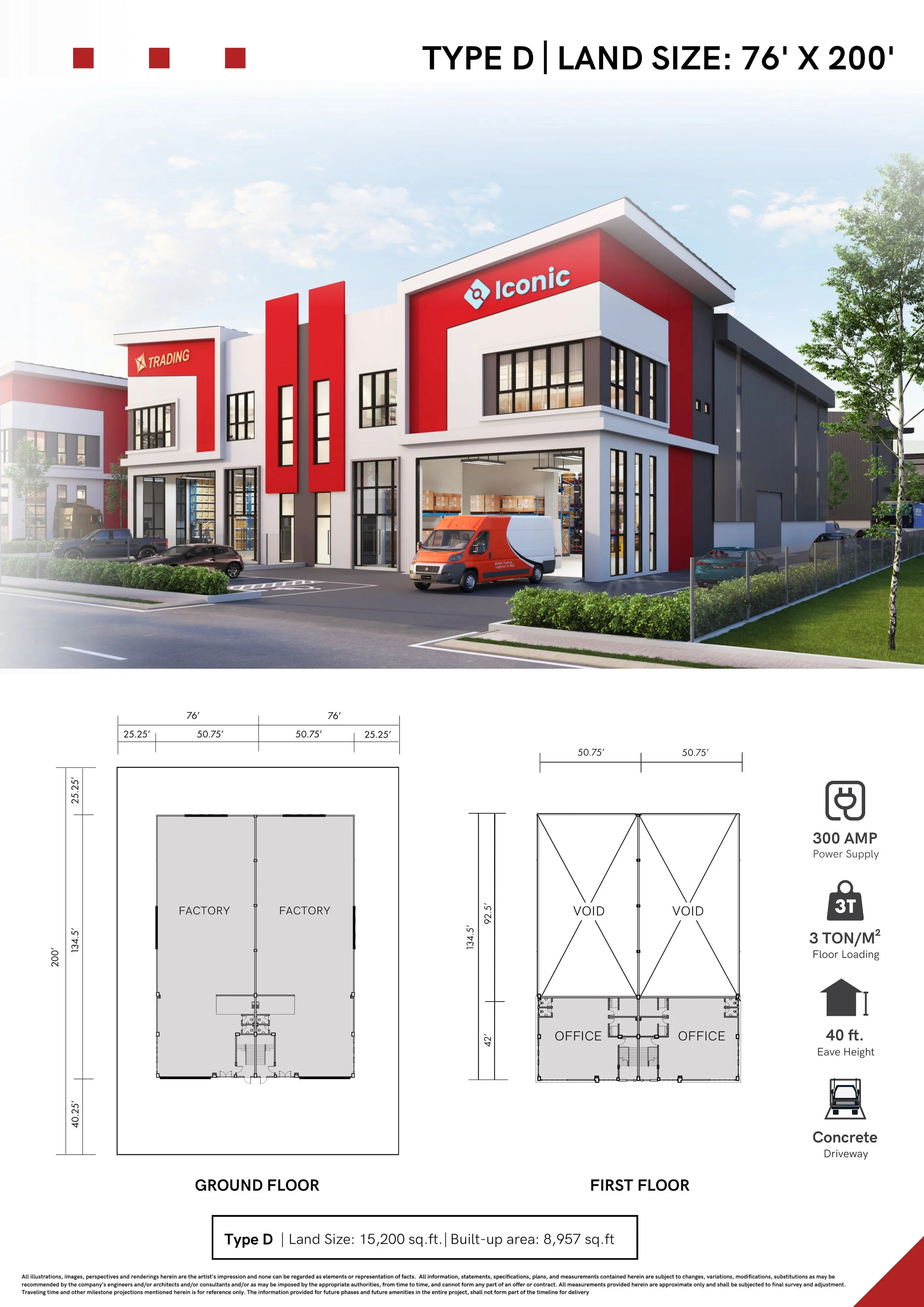 Architectural rendering of a commercial warehouse building with red and white exterior, large windows, and designated areas for factory and office space, including construction plans and specifications.