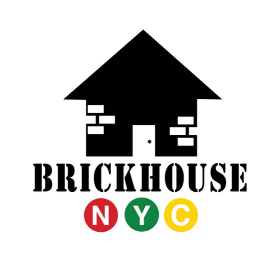A black and white logo of a house made to look like a brick house with the word 'BRICKHOUSE' underneath. Below that, there are three colored circles with the letters N, Y, and C, representing New York City.
