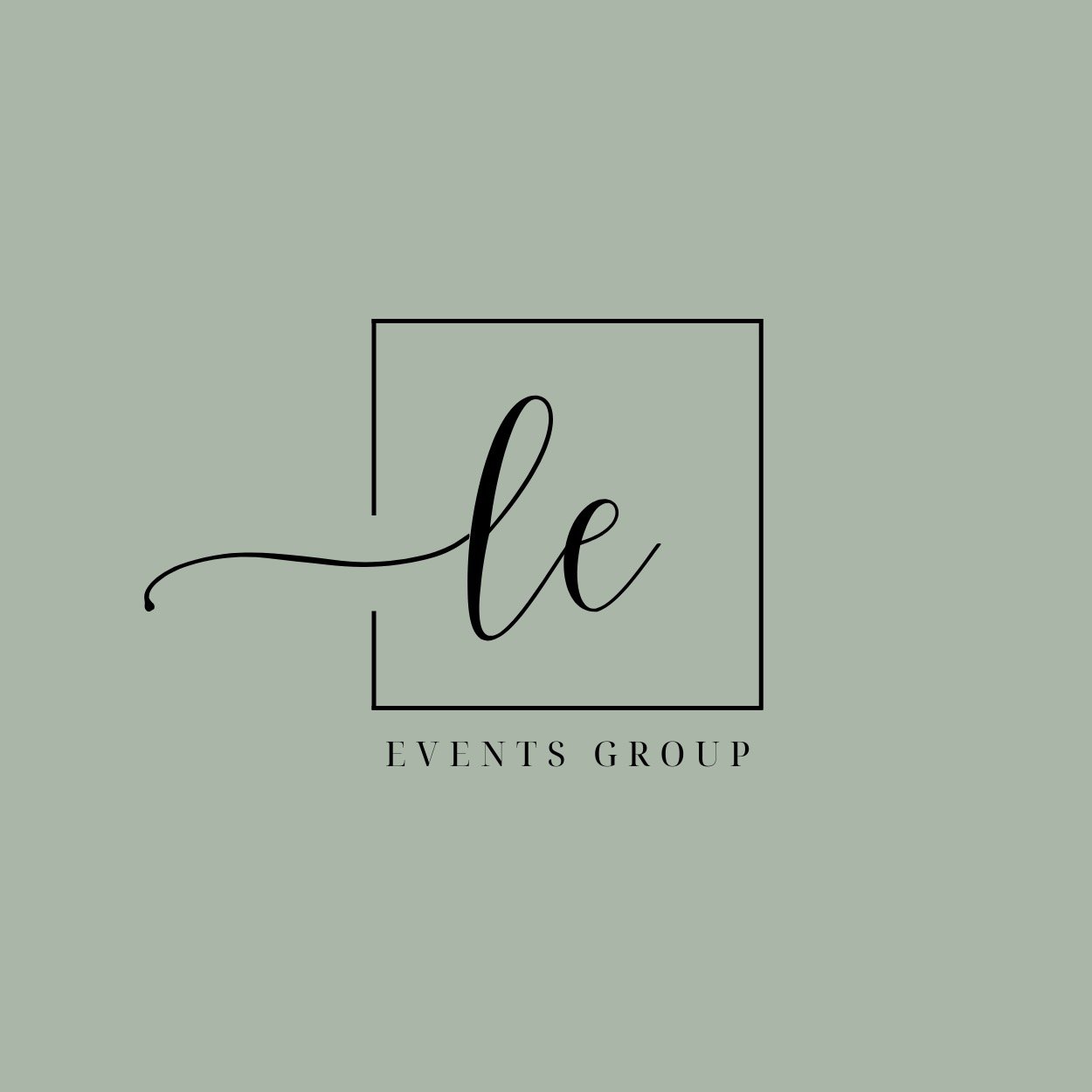 Logo for le Events Group with cursive 'le' inside a square and 'EVENTS GROUP' in small uppercase letters below on a muted green background.