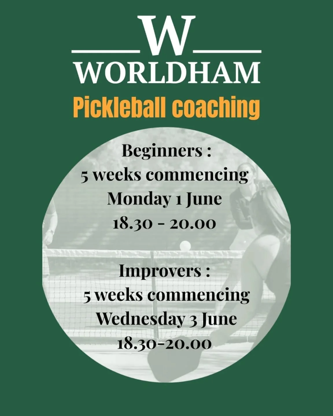 Starting early June at Worldham: PICKLEBALL COACHING!! 

Whether you are new to the game or have played before, we have the coaching course for you! 

Monday evenings for beginners, improvers on Wednesdays, sign up in the Playtomic app! 

See you on 