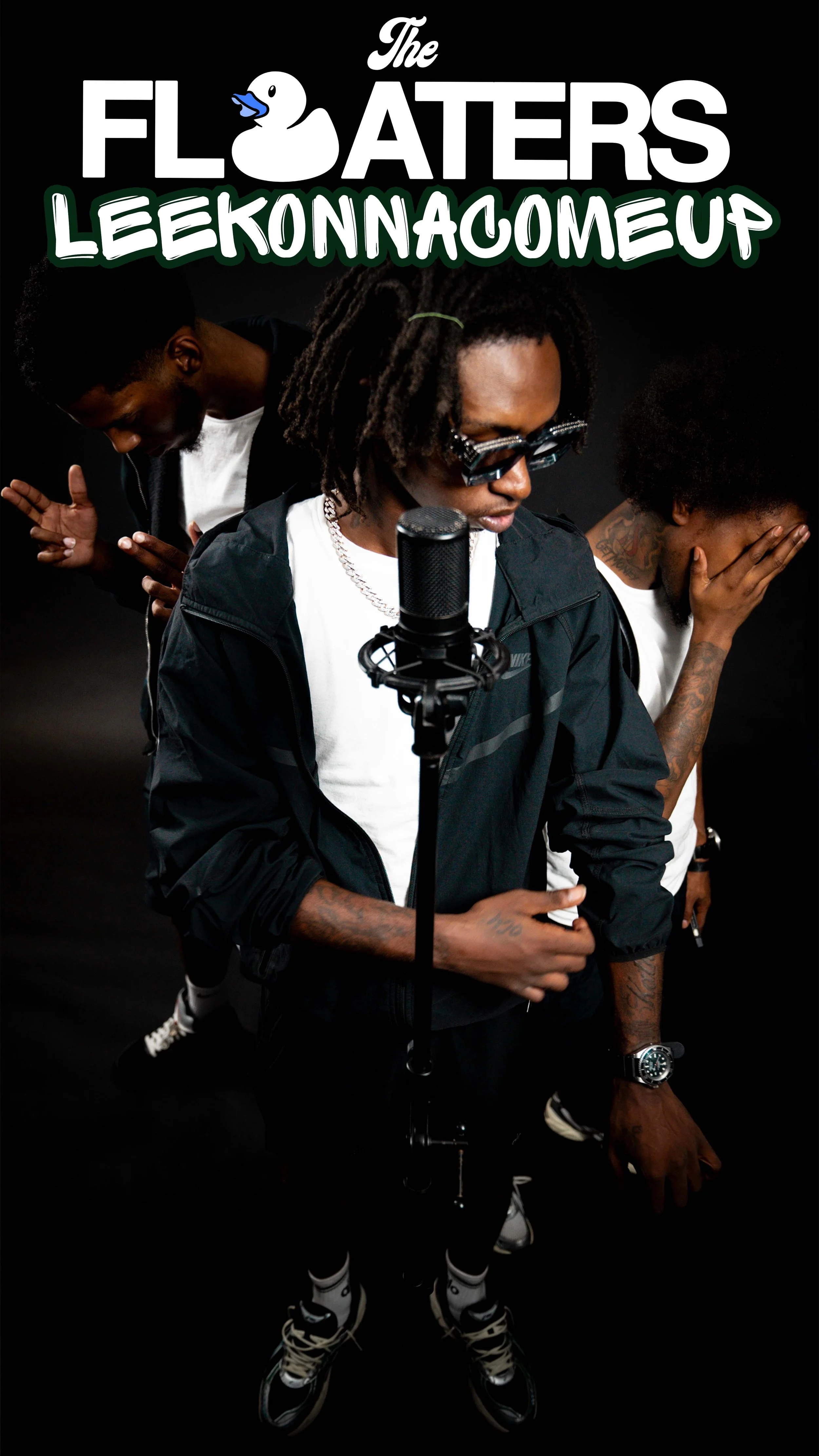 Three young men with tattooed arms and tattoos on their hands singing or performing in front of a microphone with a black background. One in the foreground is wearing sunglasses and a black jacket, the others are behind him, one with hand over face a