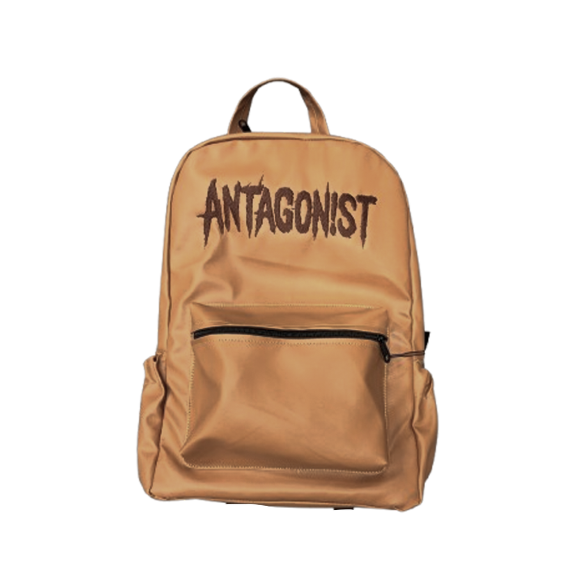 Beige backpack with the word 'ANTAGONIST' written in black, jagged letters on the top front