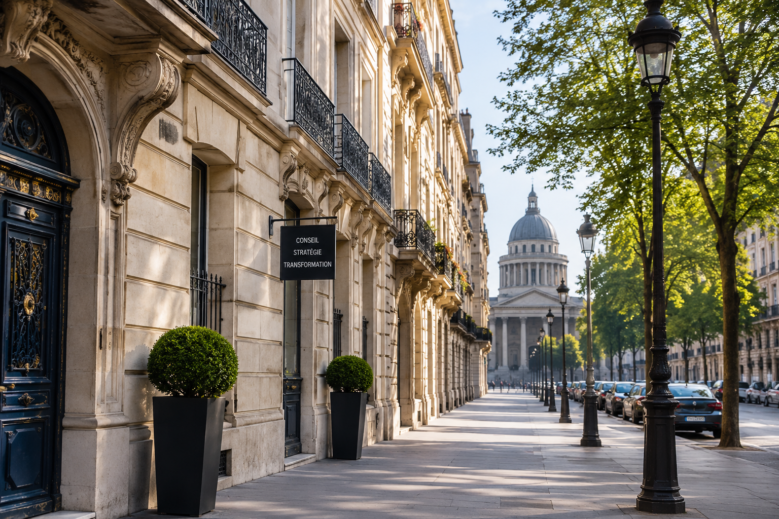 Empty street in Paris with classic architecture, black lamp posts, and the dome of the Pantheon building in the distance on a sunny day.