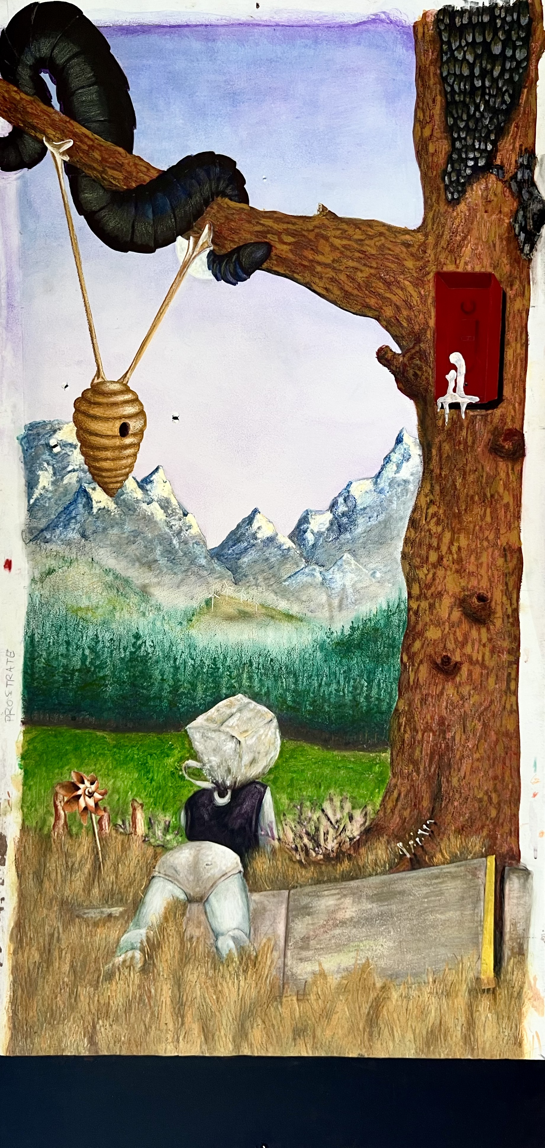 Prostrate, 2025, Acrylic, pastel, and color pencil on wood panel, 48x24"