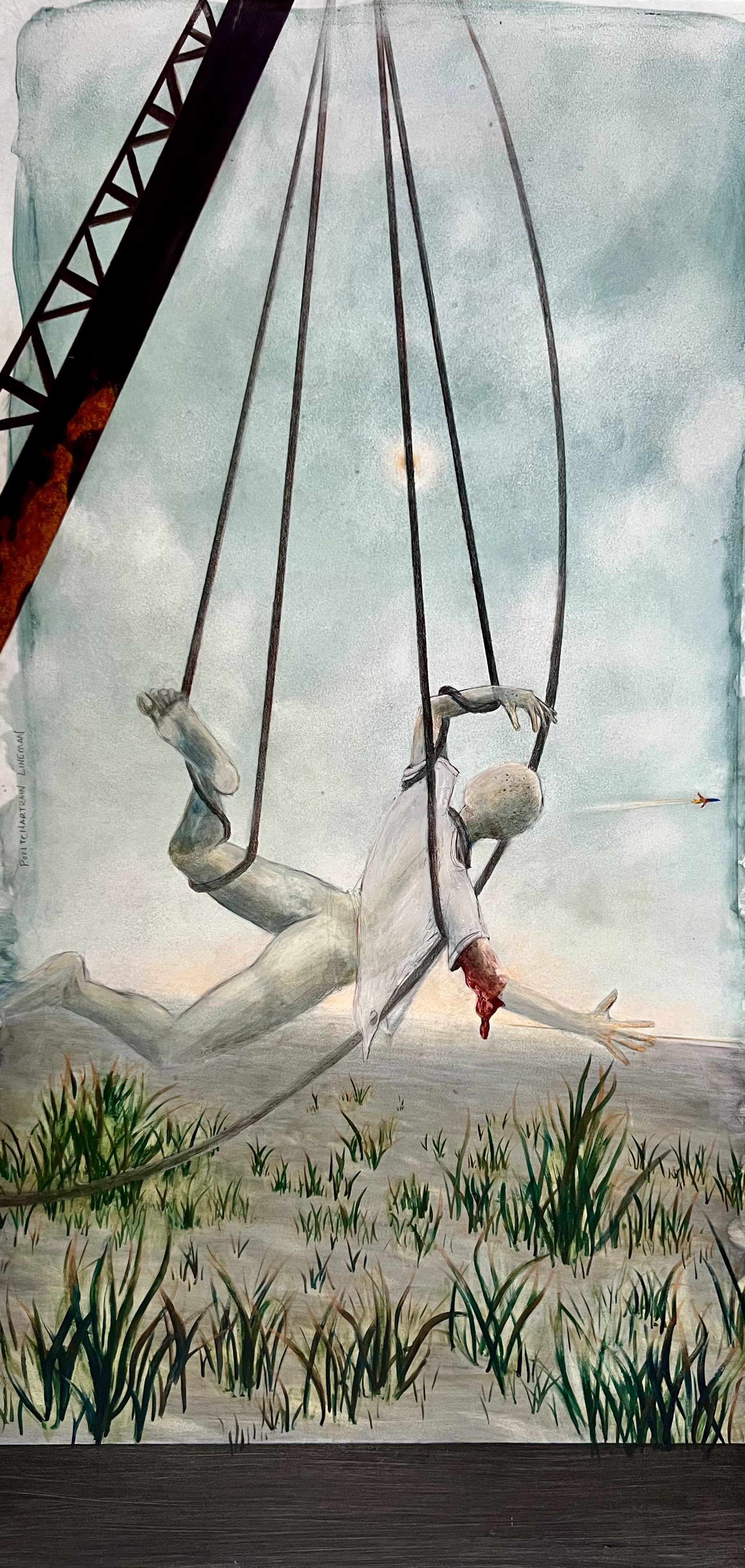 Pontchartrain Lineman, 2025, Acrylic, pastel, and color pencil on wood panel, 48x24"