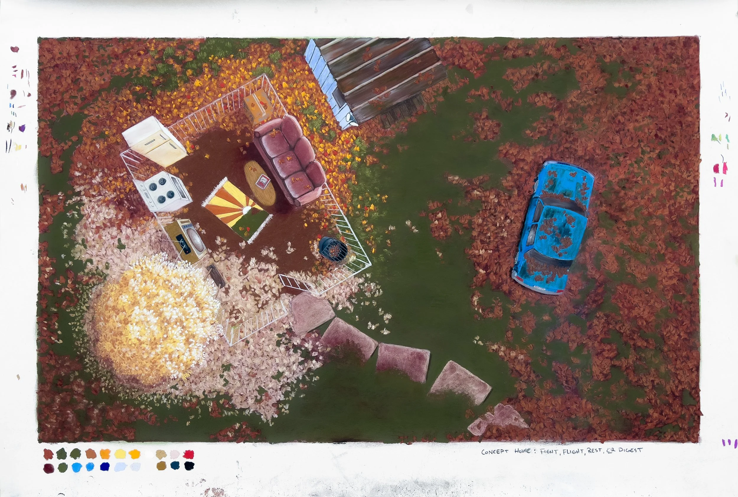 Concept Home: Fight, Flight, Rest, or Digest, 2024, Pastel on paper, 27x40"