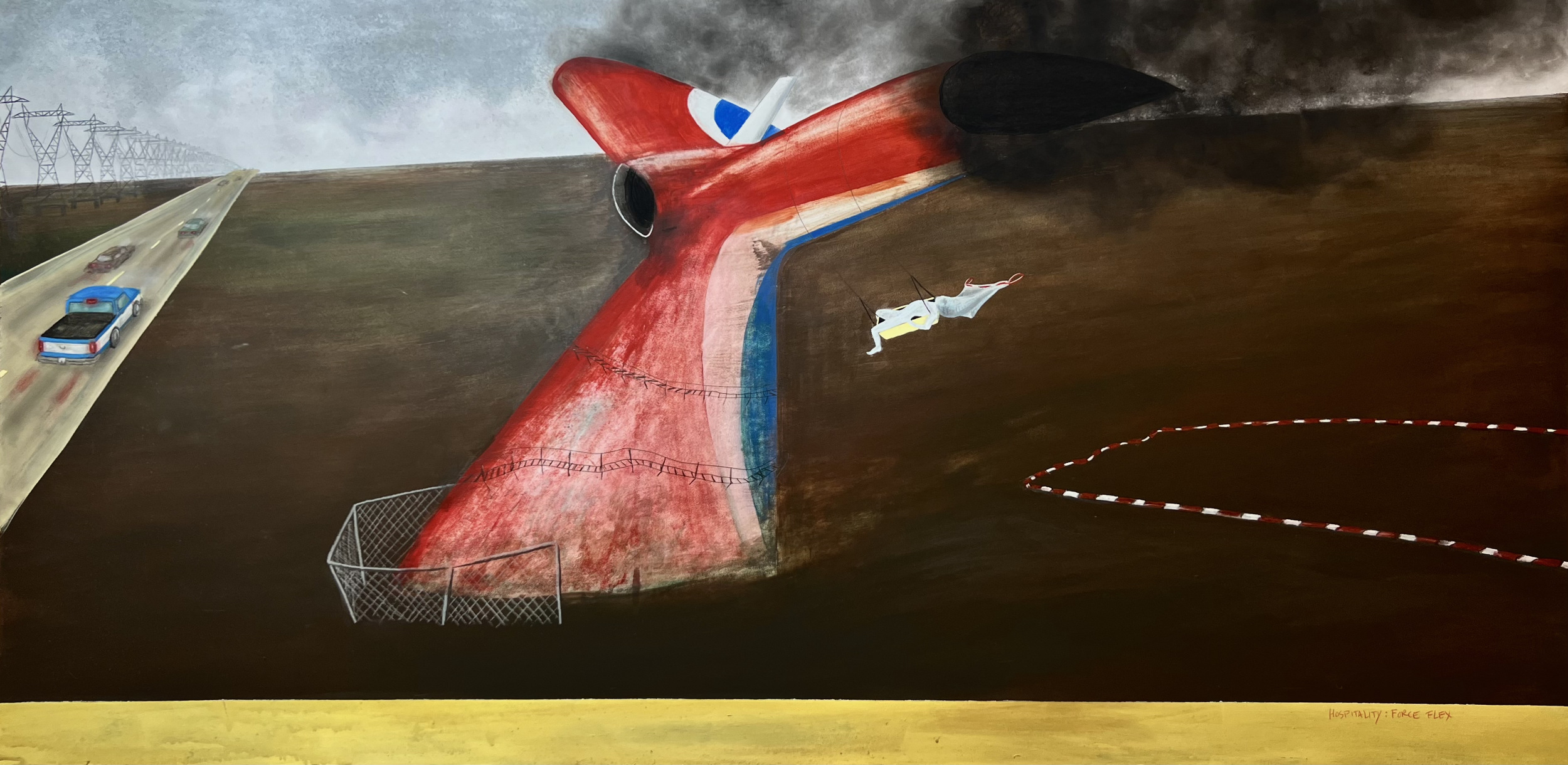 Hospitality: Force Flex, 2026, Acrylic, pastel, and color pencil on wood panel, 24x48"