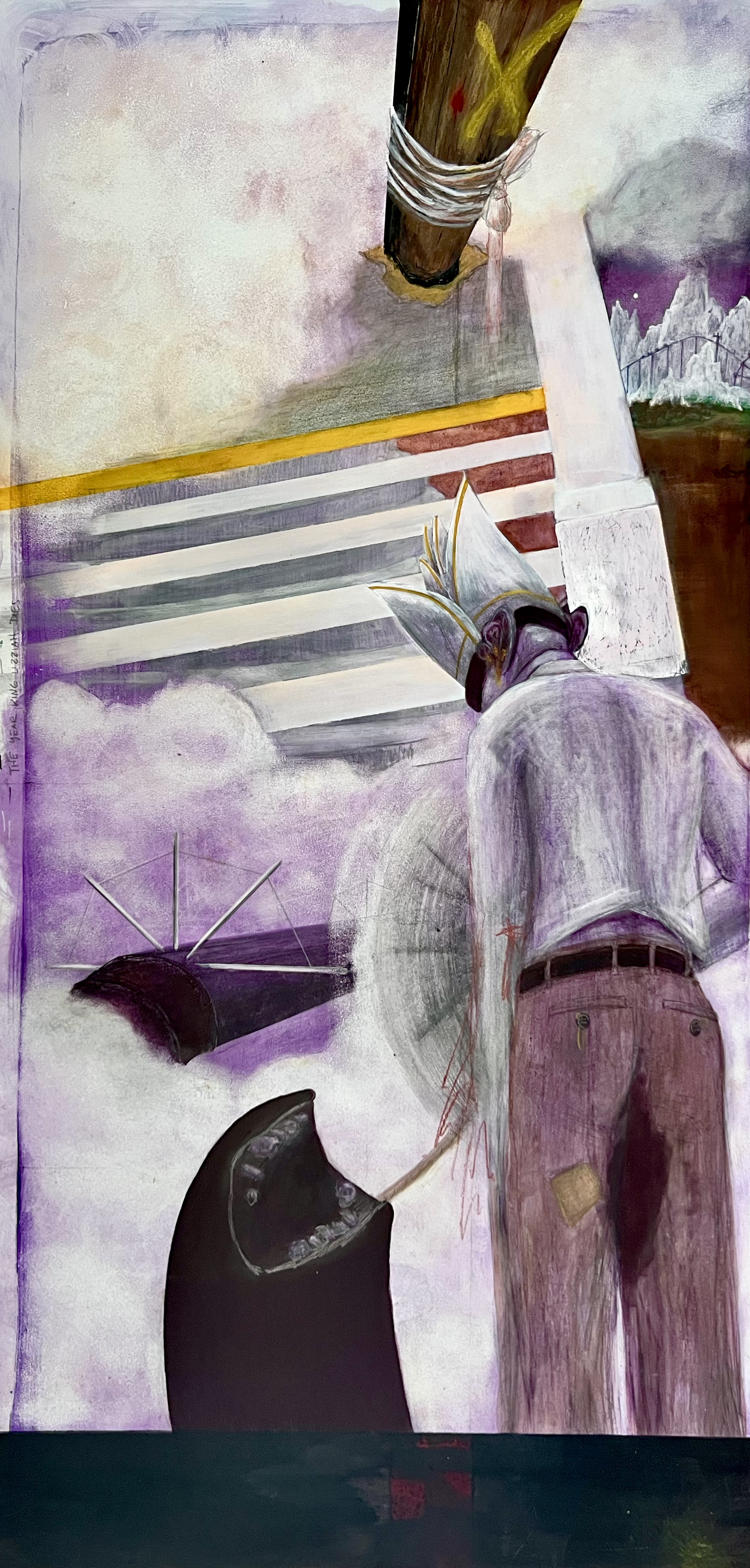 The Year King Uzziah Dies, 2026, Acrylic, pastel, and color pencil on wood panel, 48x24"