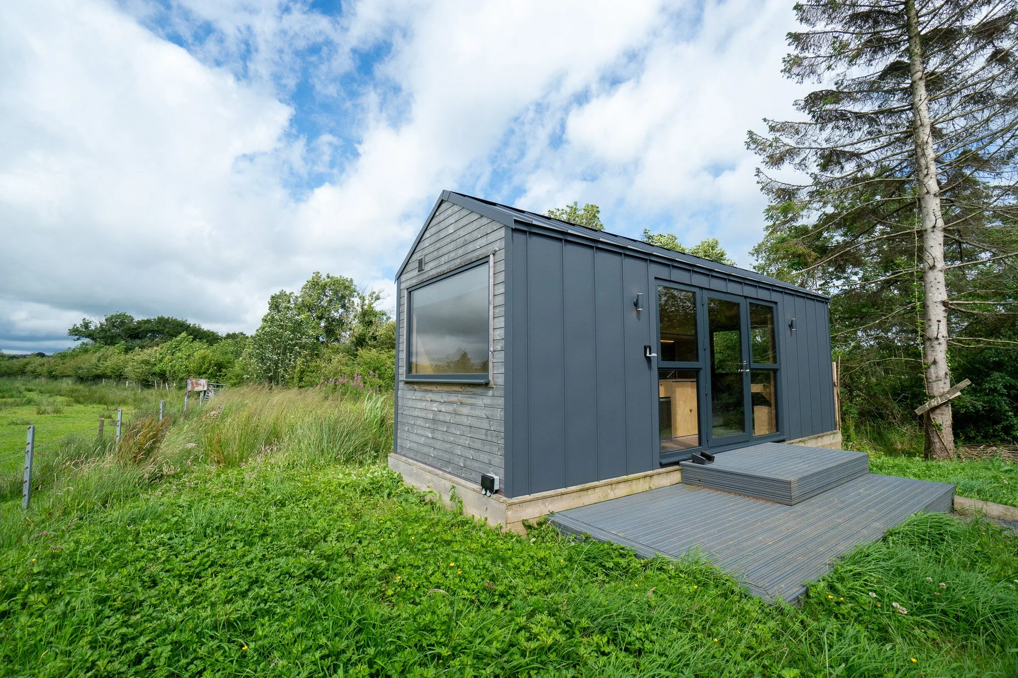 Small modern house with dark gray exterior, large window, and double glass door with steps, in a grassy field with trees and cloudy sky.