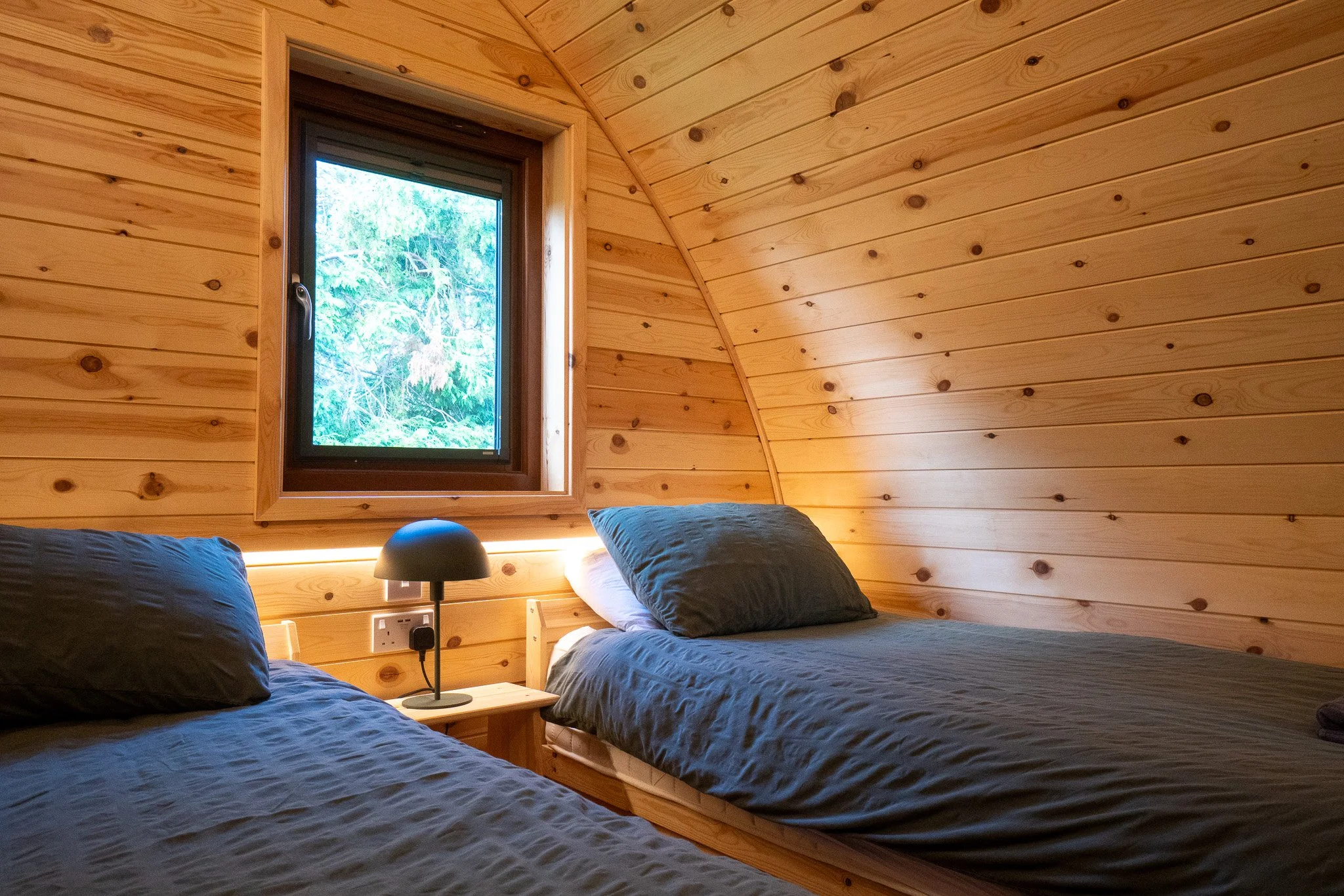 Interior of a wooden cabin bedroom with two beds, black pillows, a small wooden nightstand, a black desk lamp, and a window showing green trees outside.