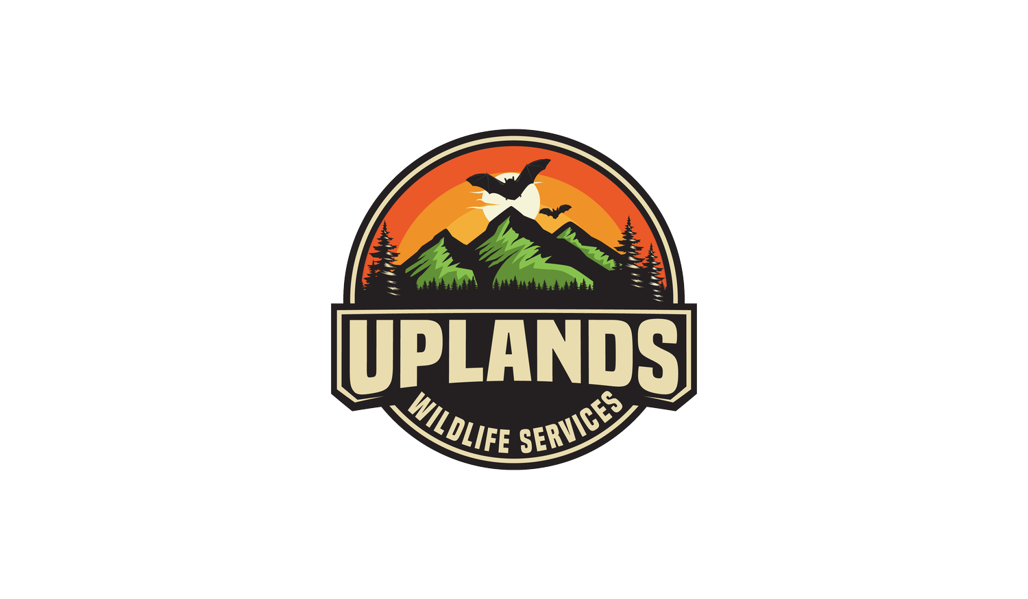 Uplands Wildlife Services logo with a mountain, trees, a full moon, and bats flying in the sky.