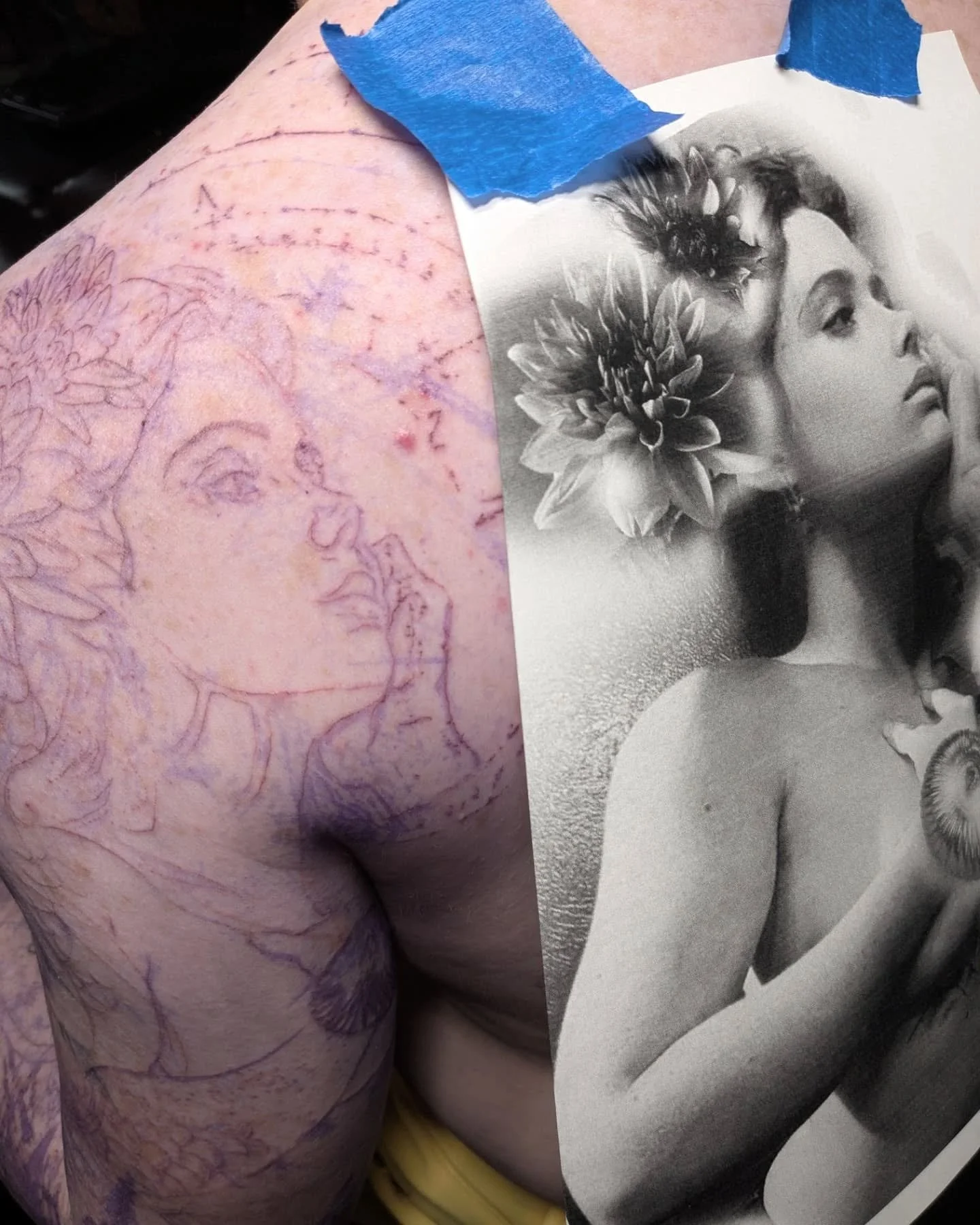 Just a work in progress on a full sleeve... 
tenacity x experience x dad jokes

We had to map out the whole tattoo in person. No way I can get solid flow with Photoshop alone. We stenciled the whole sleeve in with a grey wash. Gotta have some structu