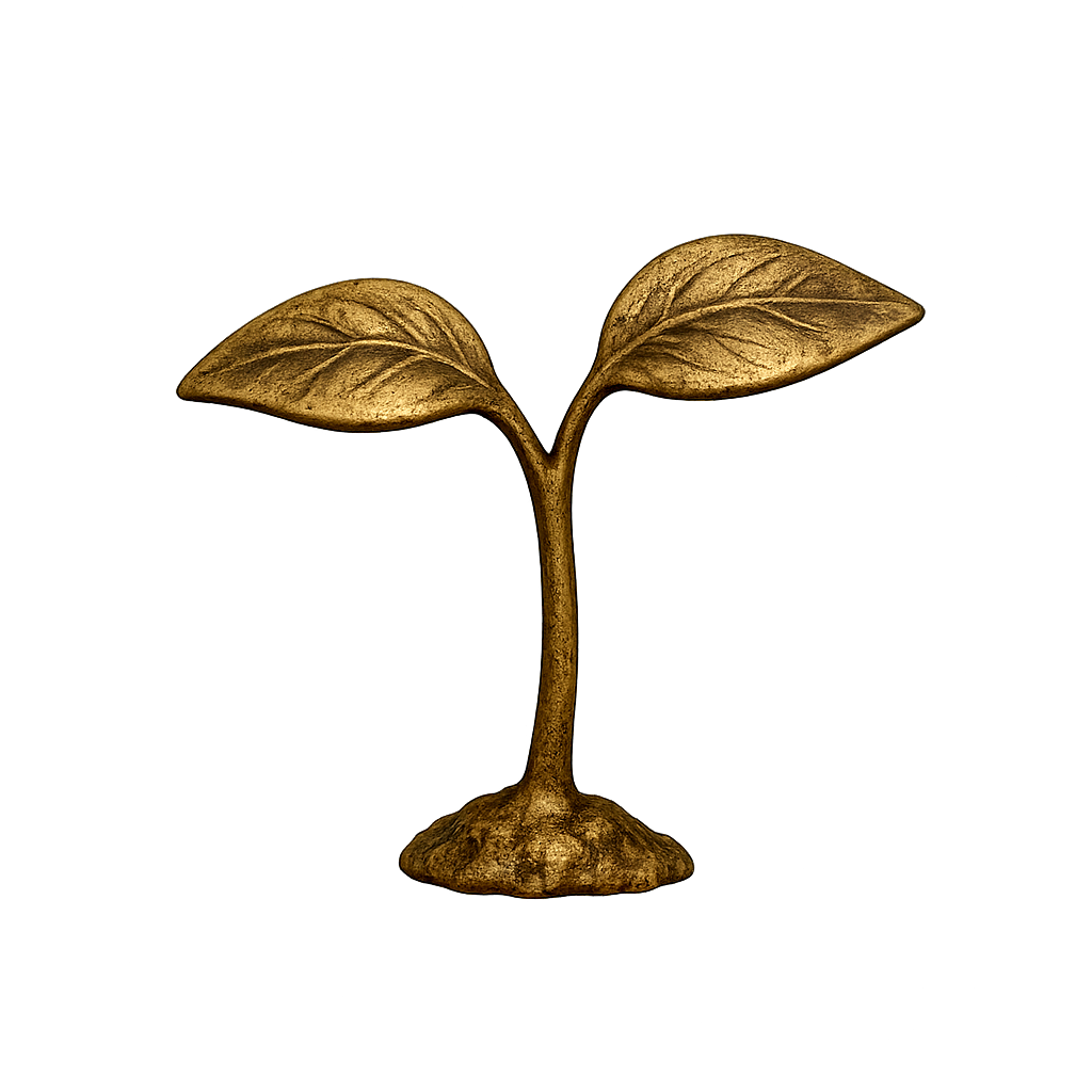 A small, golden-colored metal sculpture of a plant with two leaves on a black background.