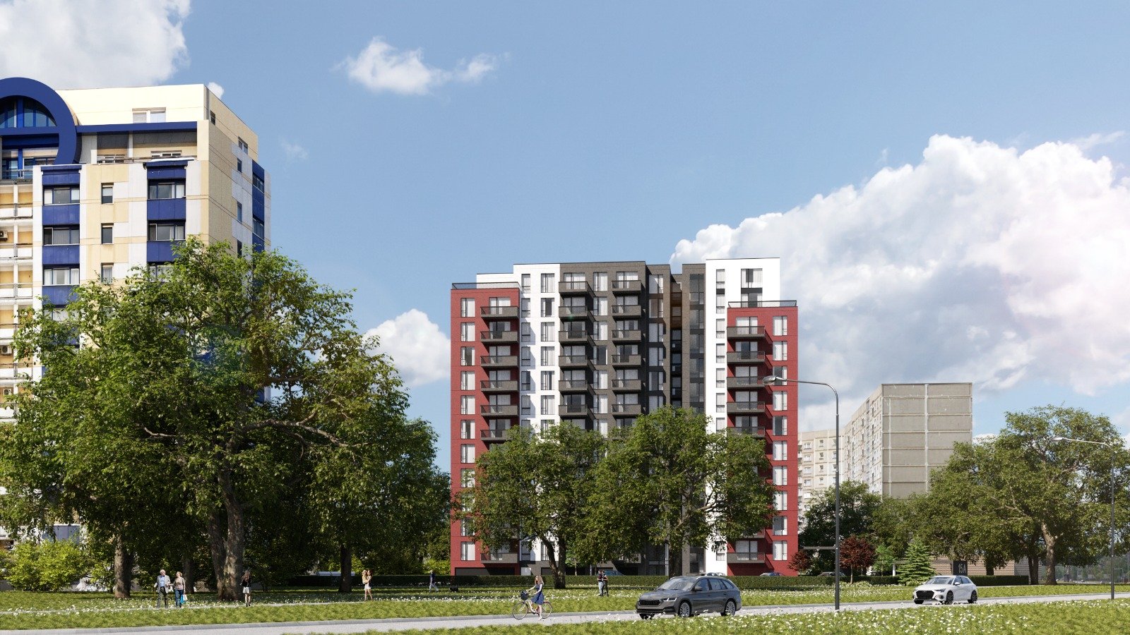 Modern apartment buildings with trees and a park, pedestrians, and cars on a city street under a blue sky with clouds.