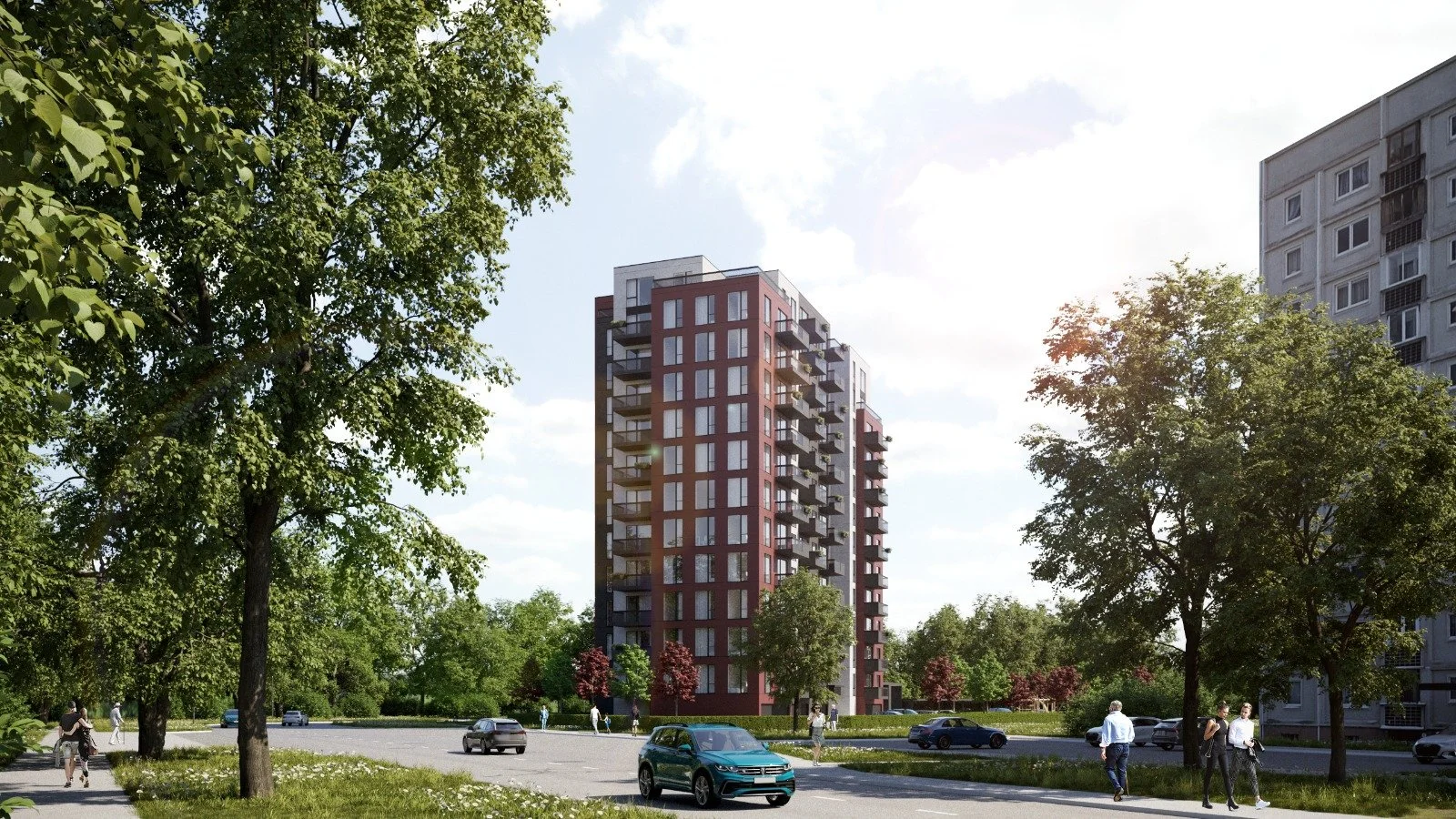 Modern residential high-rise building with multiple balconies, surrounded by green trees, with people walking and cars parked on the street in a sunny setting.