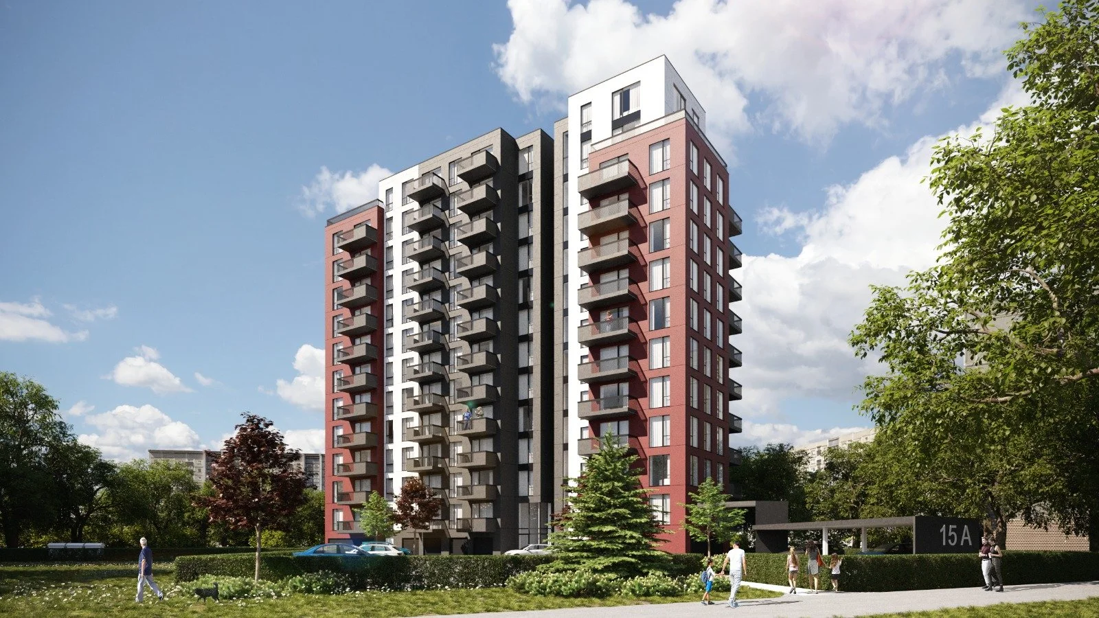Modern multi-story apartment building with balconies, surrounded by a landscaped area with trees and people walking, under a partly cloudy sky.