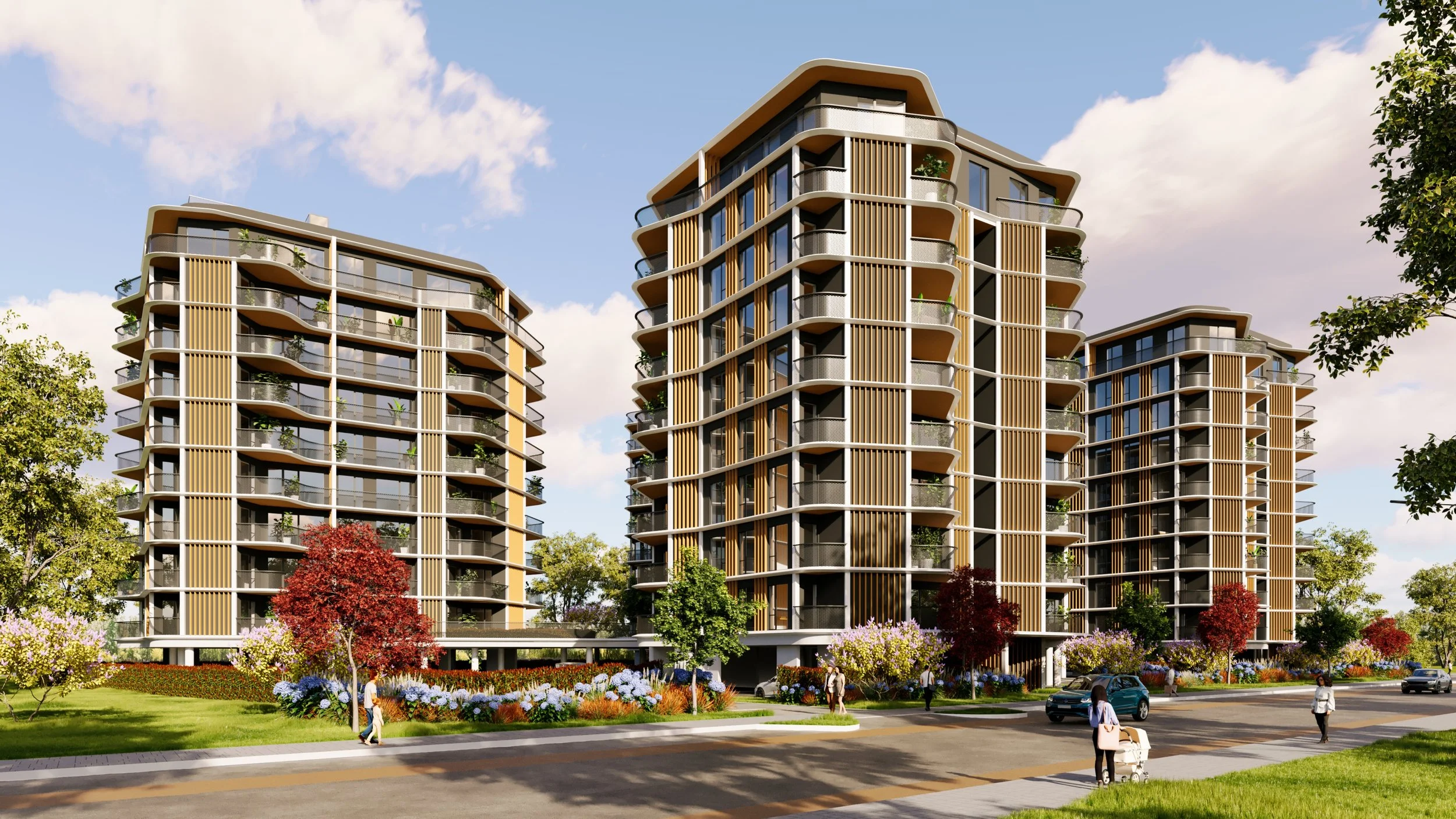 Modern apartment buildings with curved balconies, surrounded by trees and colorful flowers, under a blue sky with clouds.