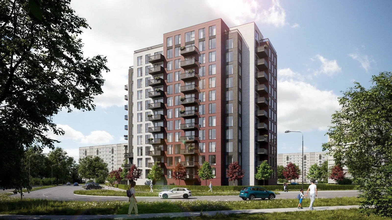A modern multi-story apartment building with balconies, surrounded by trees and a grassy area, with pedestrians walking nearby and cars on the road.