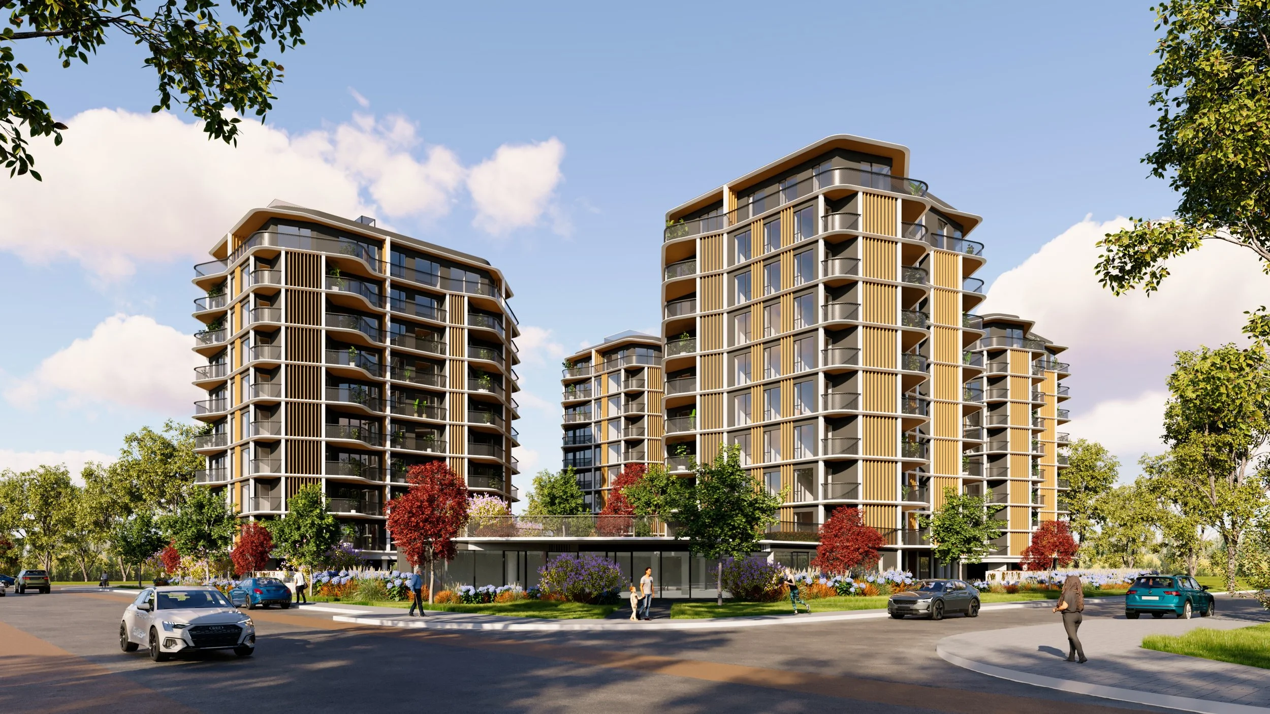 Modern multi-story residential buildings with curved balconies, surrounded by trees and landscaped gardens, with cars and pedestrians in a suburban setting.