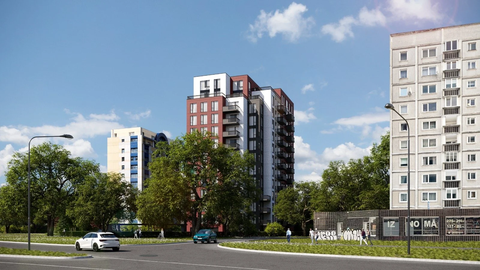 Urban scene with modern multi-story apartment buildings, several trees, cars on the road, and pedestrians walking on the sidewalk under a partly cloudy sky.