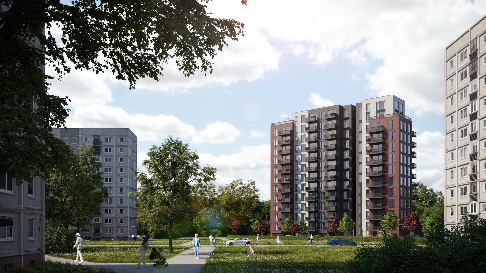 A residential park with people walking, cycling, and sitting on benches, surrounded by modern multi-story apartment buildings and green trees under a partly cloudy sky.