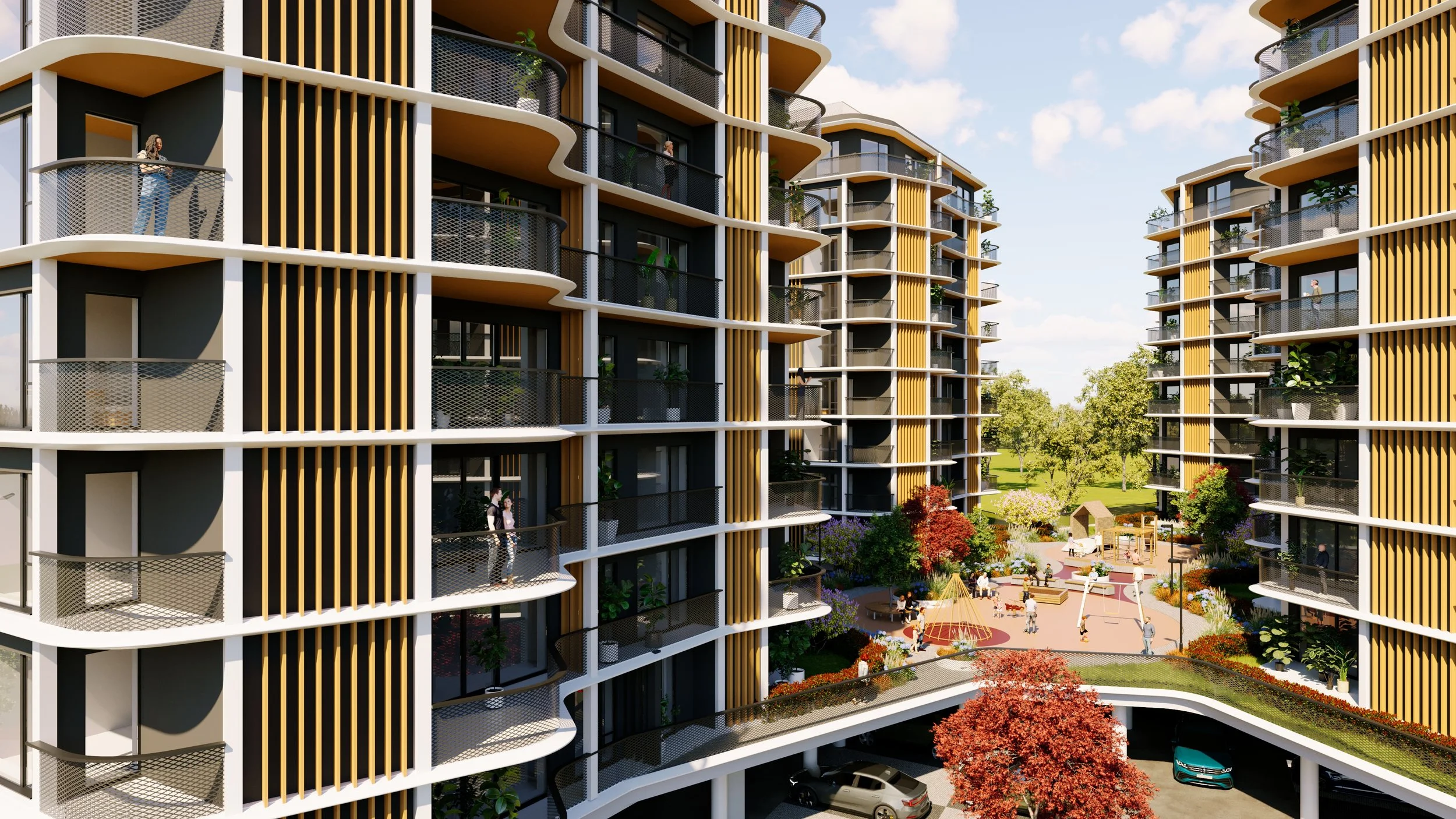 Modern multi-story residential building with balconies, overlooking a landscaped courtyard with trees, flowers, and a playground.