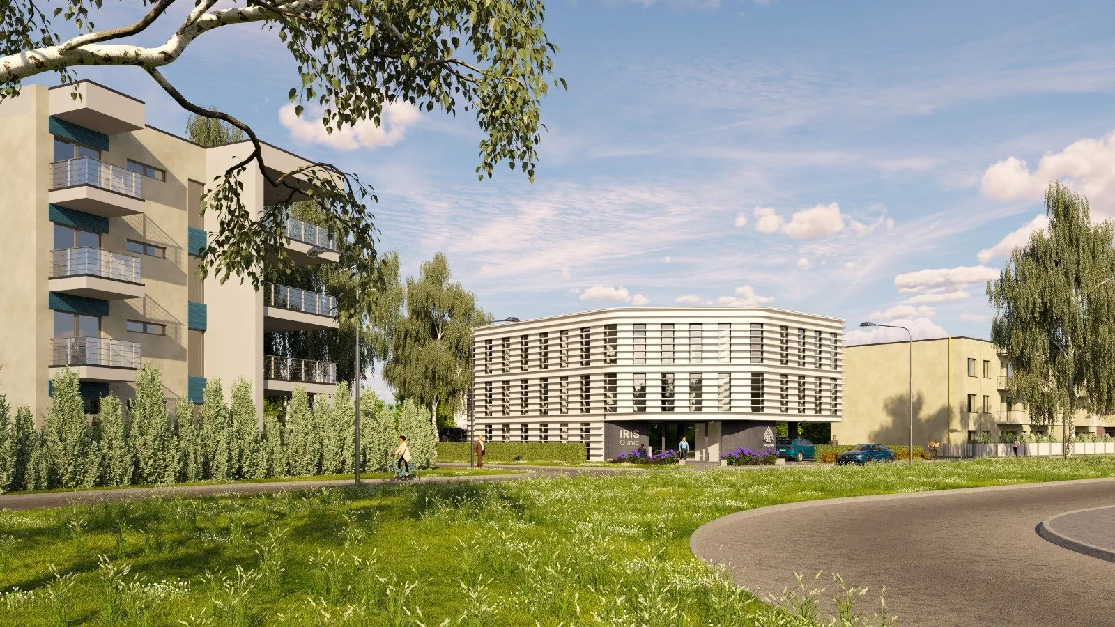 Modern multi-story building labeled 'IRIS Clinic' surrounded by green trees and grass, with people walking and parked cars in front.
