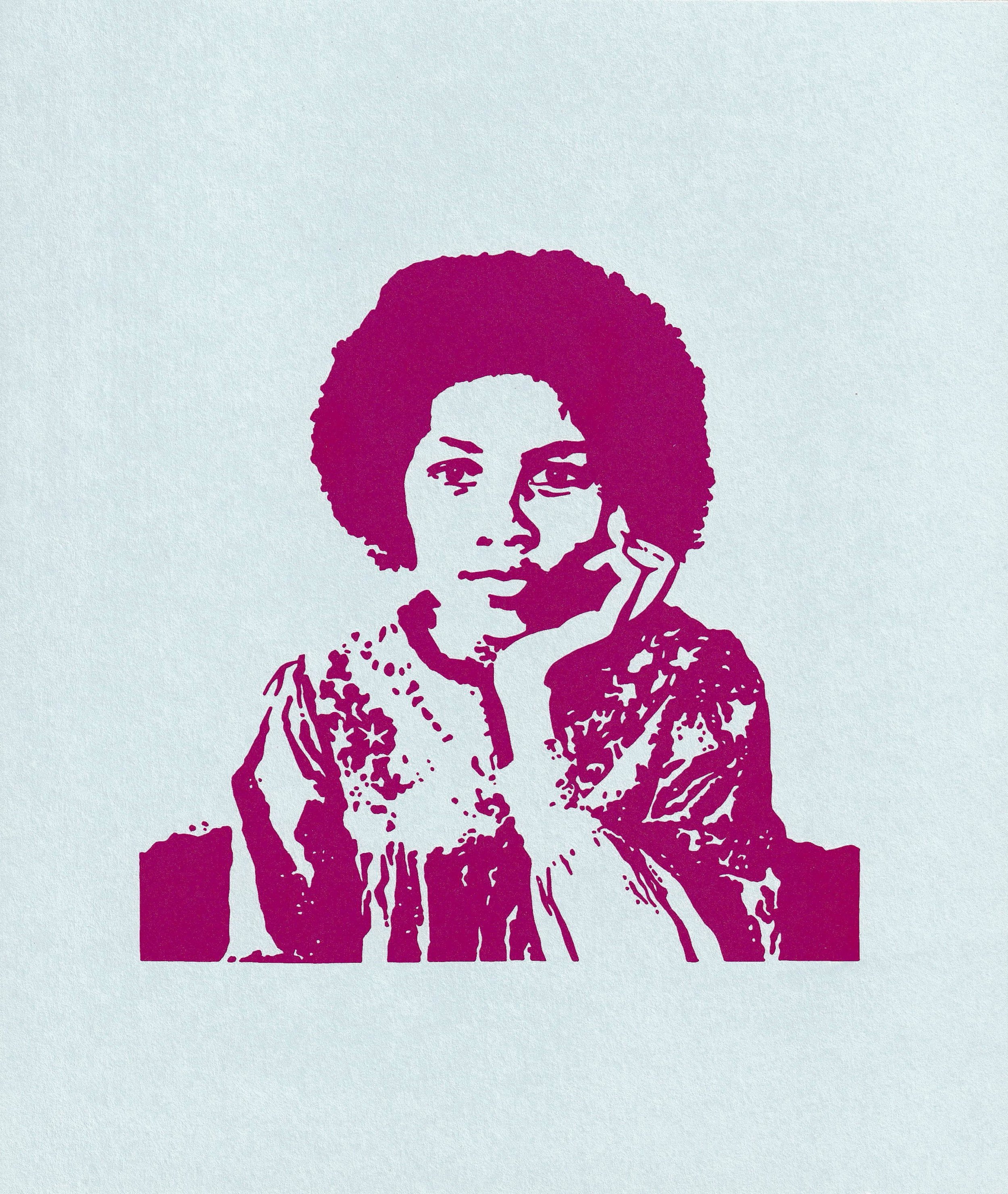 bell hooks drawn by hand (Gold shimmer pink on blue), 2026. Serigraph on paper. Cynthia "Marris" Juárez.